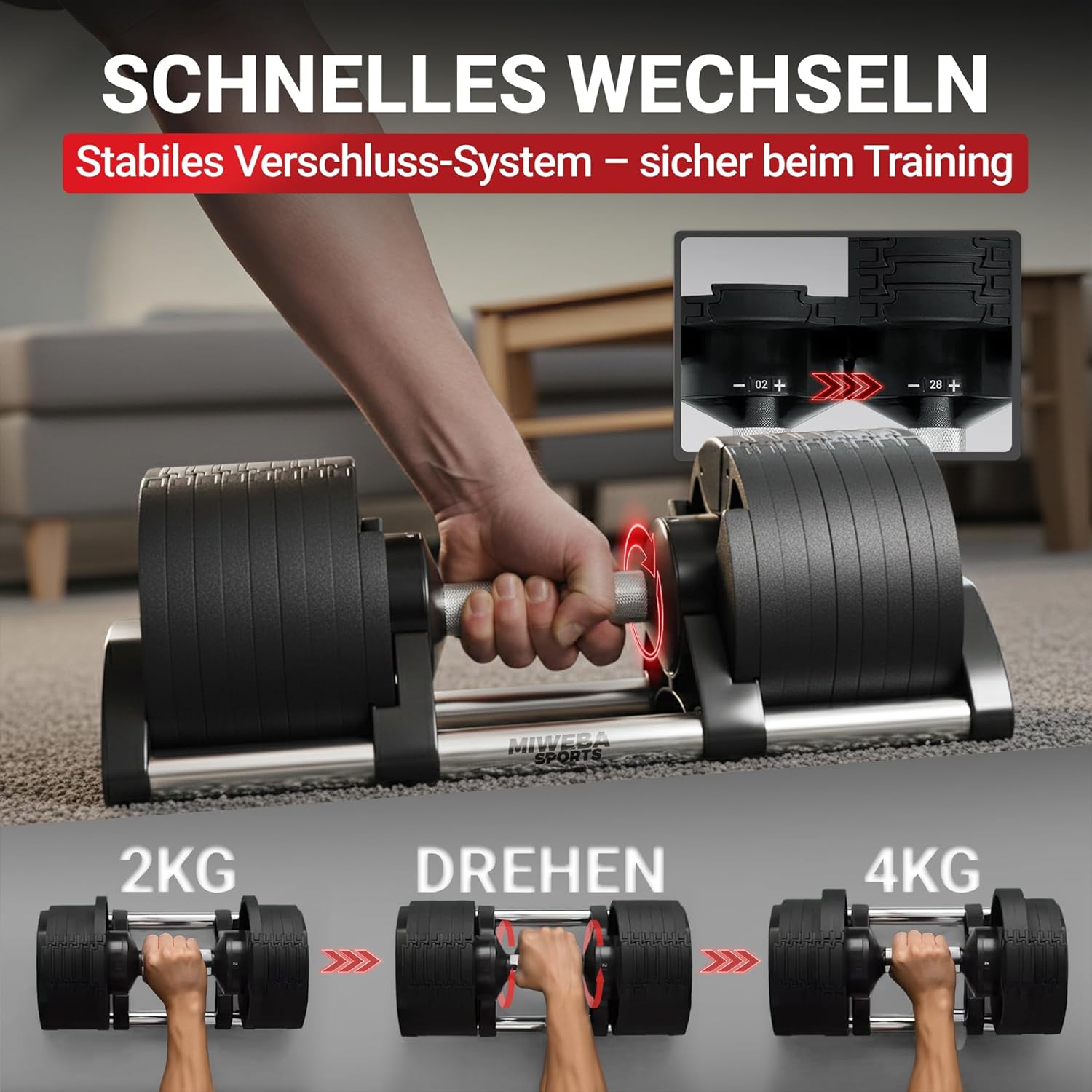 Miweba Sporthantel VH200 | Profi-Hanteln – Hantelgewichte 2–28 kg – Hantel-Set – verstellbare Hanteln – Hantelscheiben aus Stahl – ergonomischer Griff – Hantel-Set – Kurzhantel – Bild 5