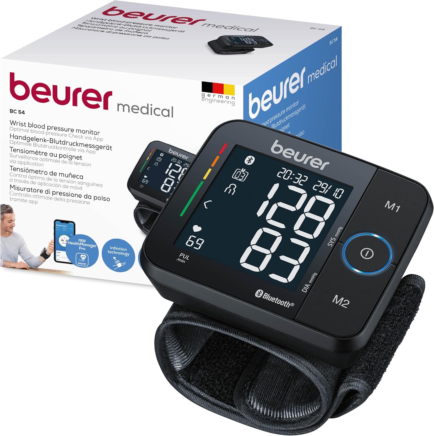 Beurer BC 54 Handgelenk-Blutdruckmessgerät mit Inflationstechnologie, farbiger Risikoanzeige, Arrhythmieerkennung, Handgelenkumfang 13,5-21,5 cm, mit App, Datenübertragung an Apple Health etc.