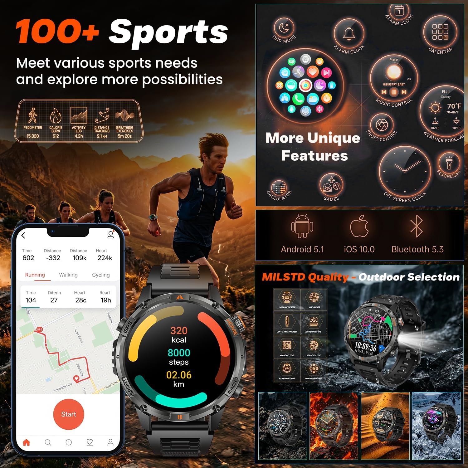 GPS-Smartwatch für Herren, Militäruhr: 1,46 Zoll Fitness-Tracker, 580 mAh, Smartwatch, IP68, wasserdicht, Fitnessuhr mit Schrittzähler, Herzfrequenzmesser, Blutdruck, Telefonfunktion, Digitaluhr für iOS – Bild 6
