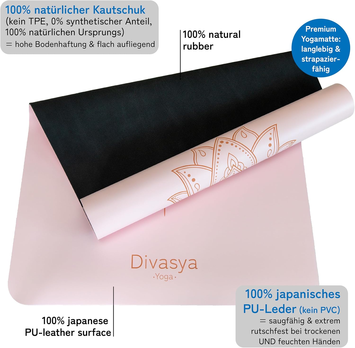 Rutschfeste Premium-Yogamatte: Rutschfester Naturkautschuk und japanische Profi-Griffoberfläche | 185 x 68 x 0,45 cm | Tragegurt | 4,5 mm dicke Yogamatte, rutschfest – Bild 3