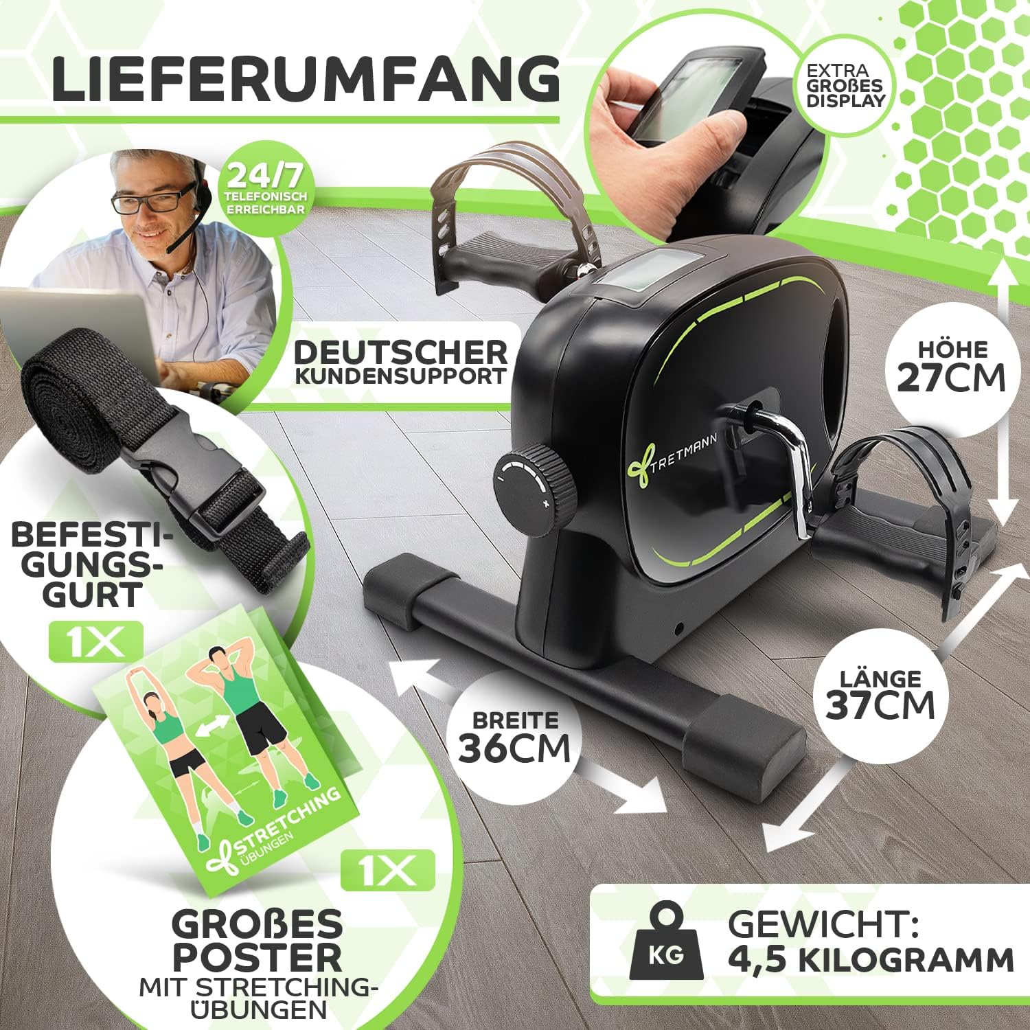 Tretmann Tretmann Basic Pedaltrainer-Set – extra stabil & leise – inklusive Befestigungsgurt – Dekra-geprüfter Beintrainer für Senioren, Heimtrainer, Minibike, schwarz, grün – Bild 6