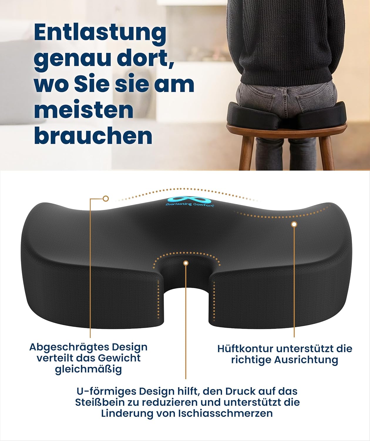 Everlast Comfort, vom Arzt empfohlenes Memory-Schaum-Sitzkissen für Bürostuhl und Auto – ergonomisches Büro- und Schreibtischzubehör – Steißbein-Entlastungskissen, Ischias – Bild 3