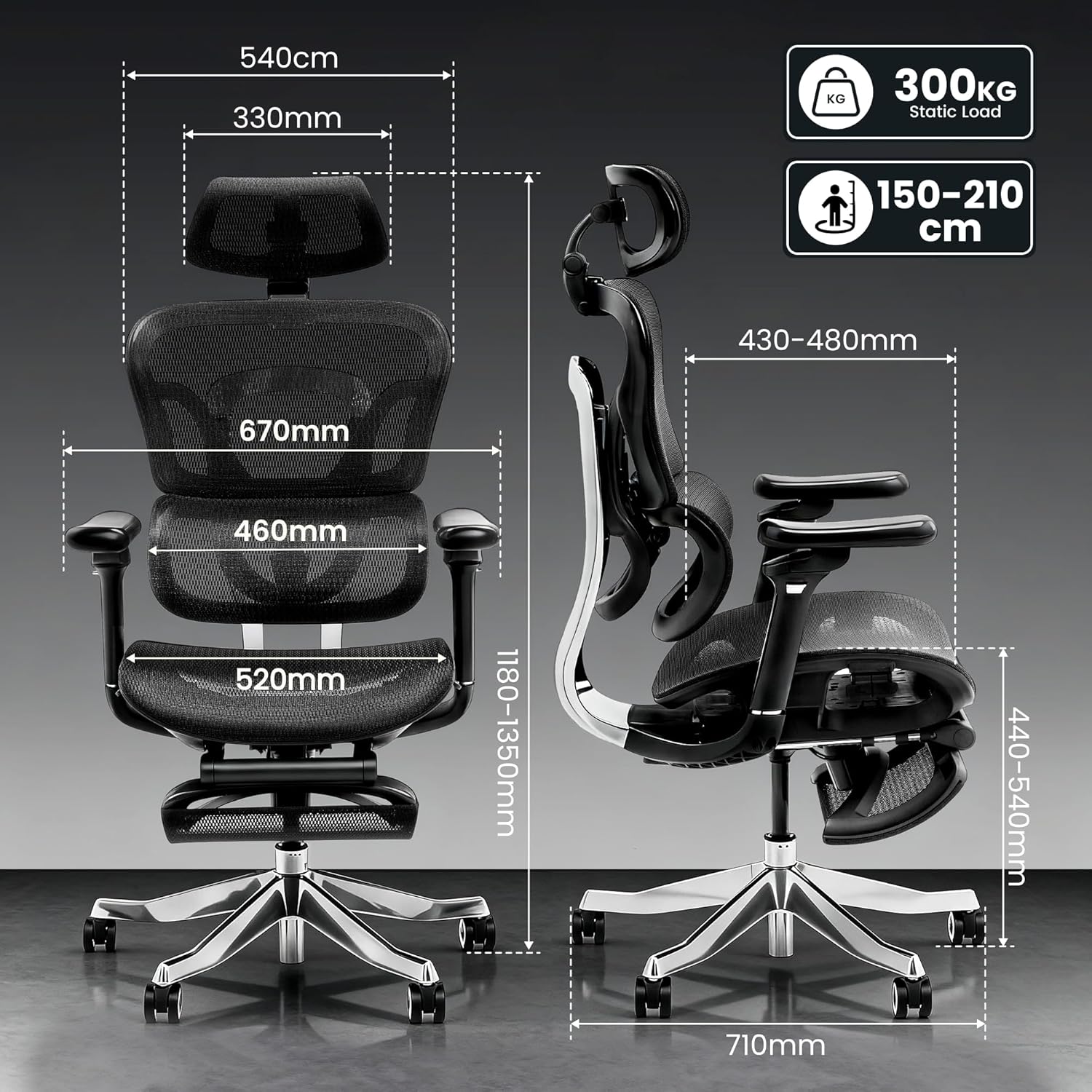 FLEXISPOT ErgoX Max Ergonomischer Stuhl, mit Fußstütze, belastbar bis 300 kg, mit 4D-Kopfstütze und 5D-Armlehnen, einteiliger Rückenlehne und Lordosenstütze, Bürostuhl für Arbeit und Gaming, Schwarz – Bild 2