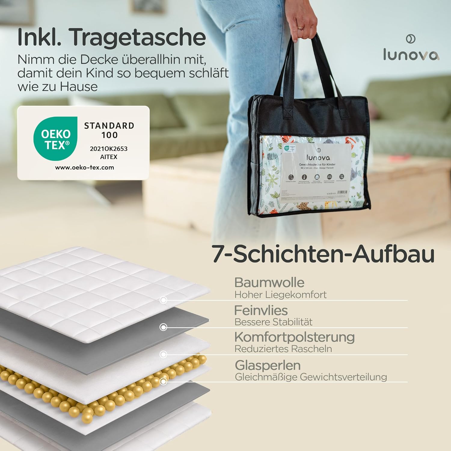 LUNOVA Gewichtsdecke Kinder | 3 kg | 100 x 135 cm – Ökotex-Baumwolle (25–35 kg Körpergewicht), waschbare Therapiedecke, Entspannungsdecke, entspannter Schlaf – Tierwelt – Bild 7