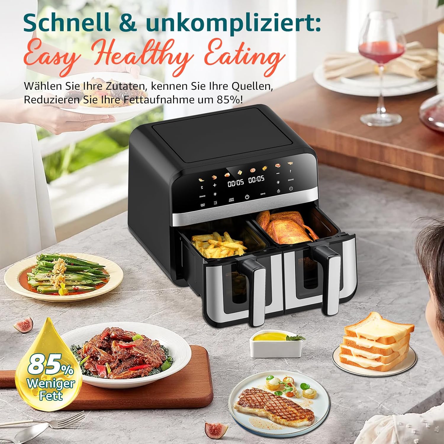 Heißluftfritteuse mit Sichtfenster, 9 Liter, Heißluftfritteuse mit 2 Körben, 8-in-1 digitale Heißluftfritteuse, Smart Fryer, ölfrei, mit Touchscreen | Spülmaschinenfest | 1800 W – Bild 4