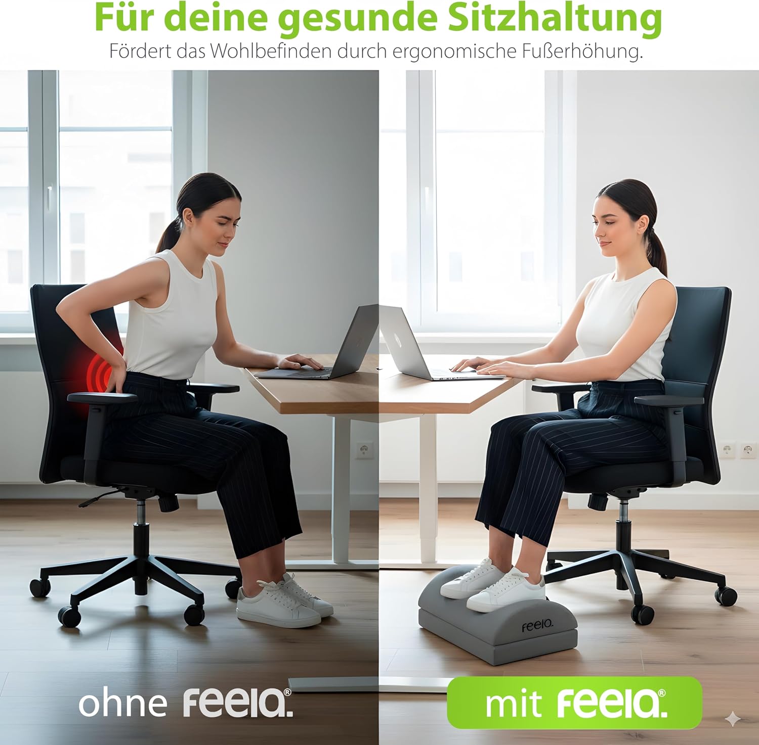 Feela. Fußstützen-Schreibtisch (Vergleichssieger) – Ergonomischer Fußhocker mit Premium-Schaumstoffkern & integriertem Wärmekissen – rutschfest, höhenverstellbar, Schreibtischzubehör (Dunkelgrau) – Bild 4