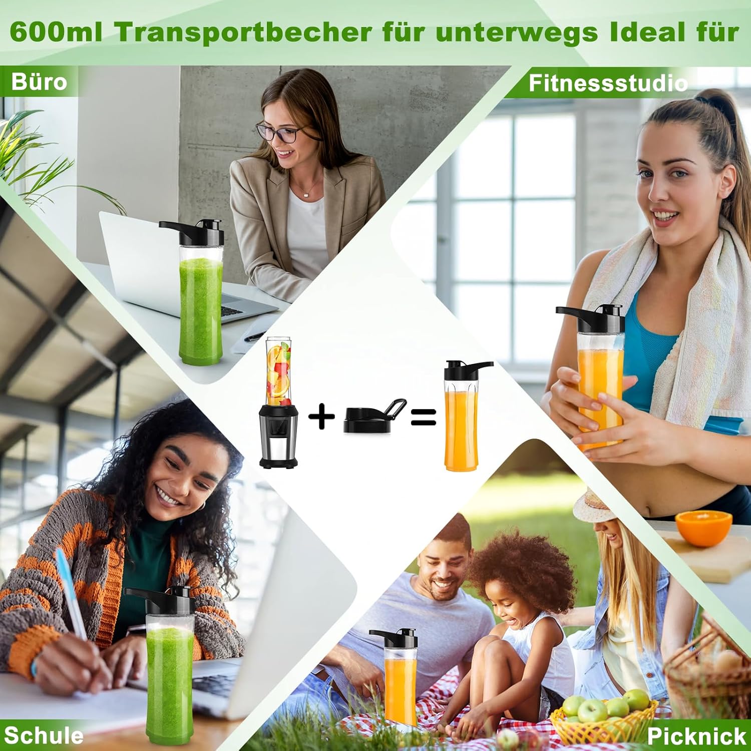Mixer, Smoothie Maker, 500 W Standmixer to Go mit 2 x 600 ml Smoothie-Flaschen, BPA-freies Tritan, tragbarer Mixer Smoothie Maker aus Edelstahl, 4 Blätter für Shake, Smoothie und Babynahrung, Silber – Bild 4