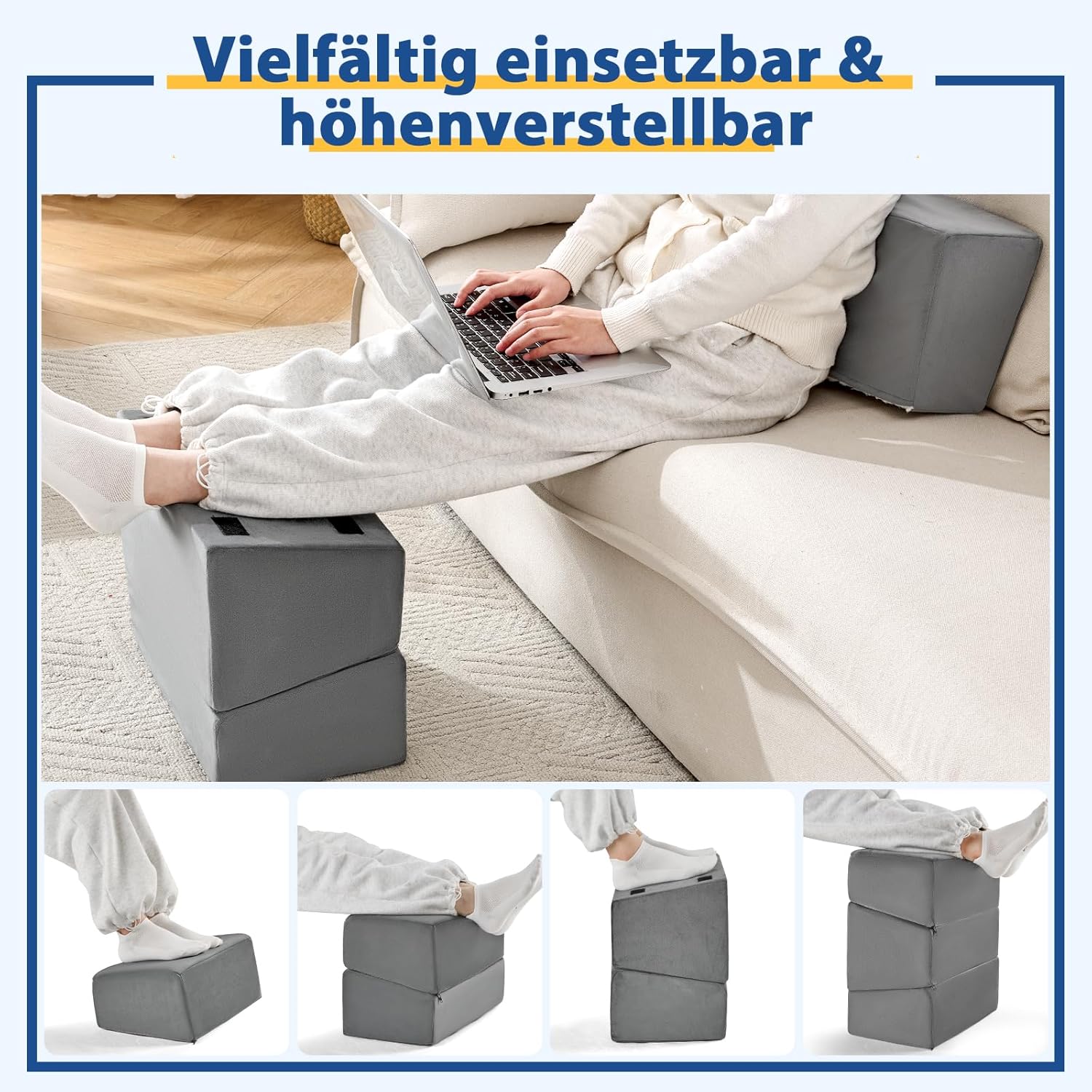 Fußstütze für unter dem Schreibtisch im Büro, höhenverstellbarer Fußhocker für Bürostuhl & Gaming-Stuhl, ergonomisches Fußkissen, Schreibtisch-Fußhocker mit waschbarem Bezug für Zuhause (grau) – Bild 4