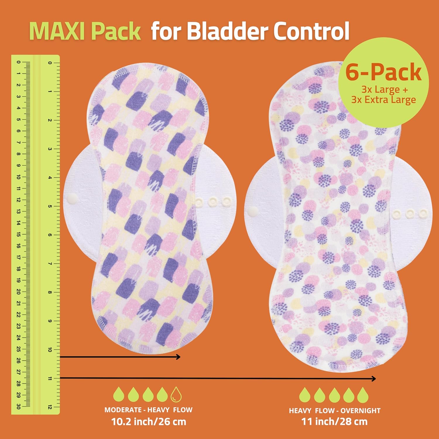 Rutschfeste Binden aus Bio-Baumwollstoff für starke Menstruation (6er-Pack L+XL) – wiederverwendbar, sehr saugfähig und geruchsfrei – waschbar bis 95 °C und ideal für Frauen und Jugendliche – Bild 2