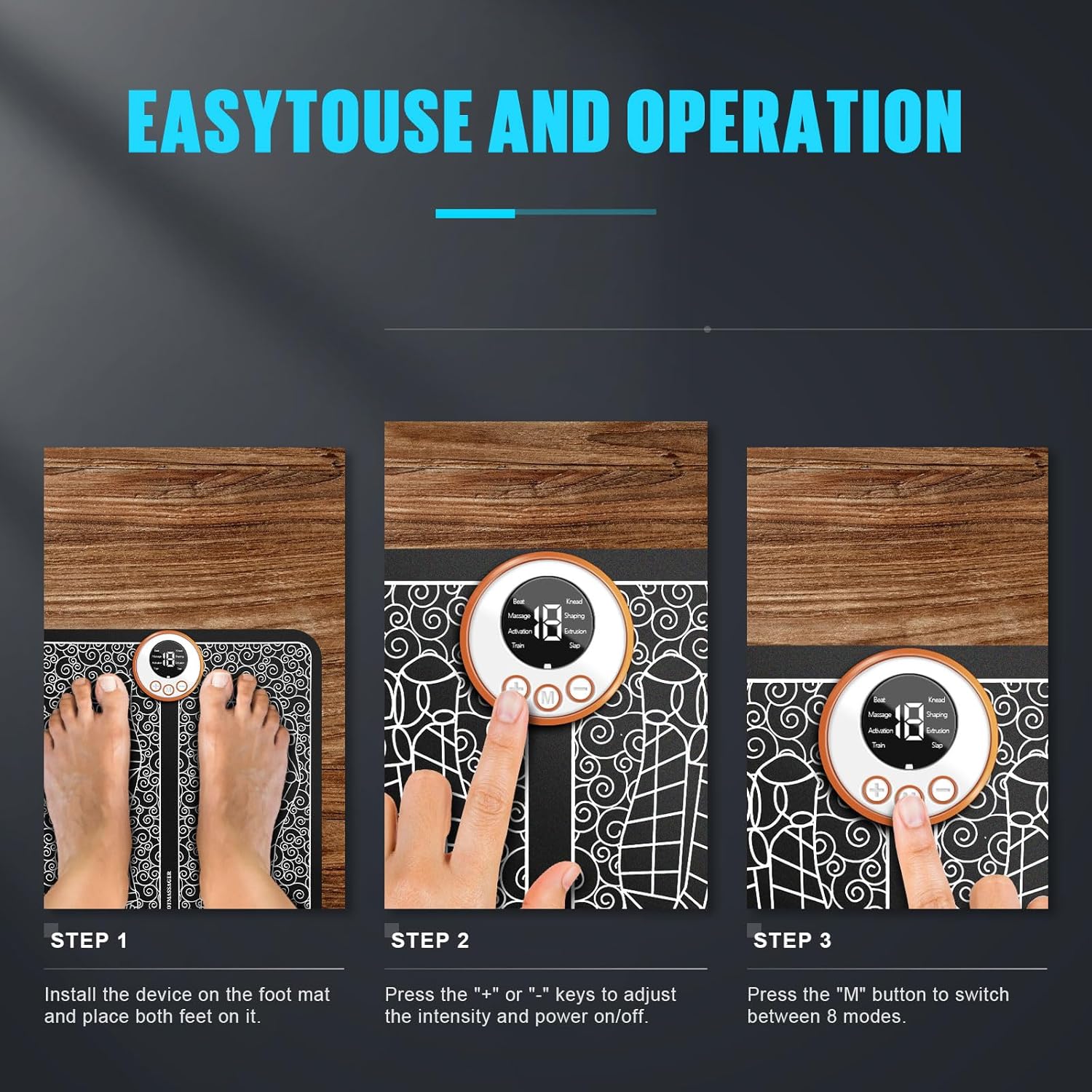 EMS-Fußmassagegerät, elektrisches Fußmassagegerät mit 8 Massagemodi und 19 Intensitätsstufen, faltbares und tragbares Design, fördert die Durchblutung und lindert Muskelschmerzen, Blau – Bild 5