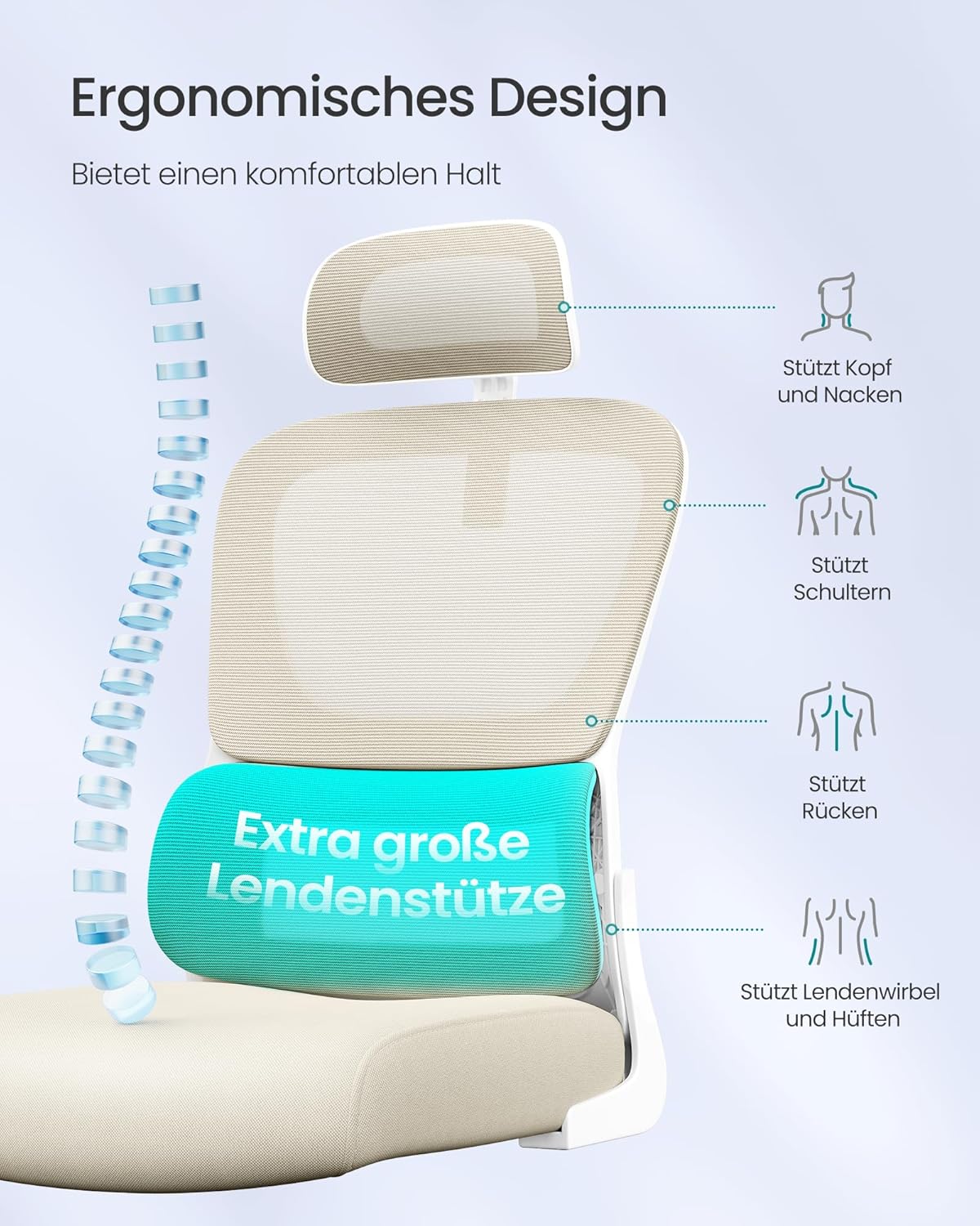 SONGMICS Bürostuhl, Schreibtischstuhl, ergonomischer Netzstuhl, doppellagiges Netzgewebe, atmungsaktiv, adaptive Lordosenstütze, verstellbare Kopfstütze, für das Heimbüro, Sandbeige OBN041L01 – Bild 5