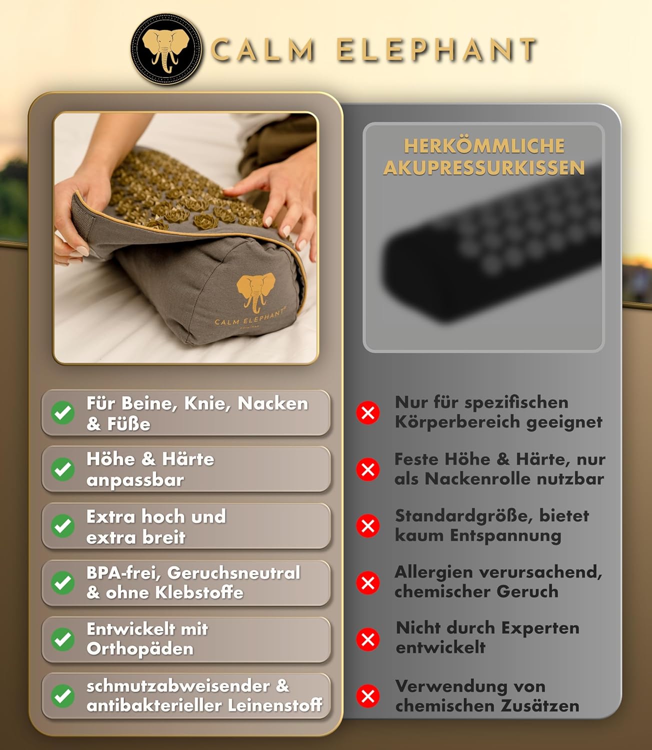 CALM ELEPHANT ORIGINAL 2-in-1 Akupressurkissen mit Wärmefunktion, Nackenrolle, Nackenkissen, Kniekissen, Lagerungsrolle, Fußstütze Schreibtisch, ideale Ergänzung zur Akupressurmatte mit Kissen, grau – Bild 7