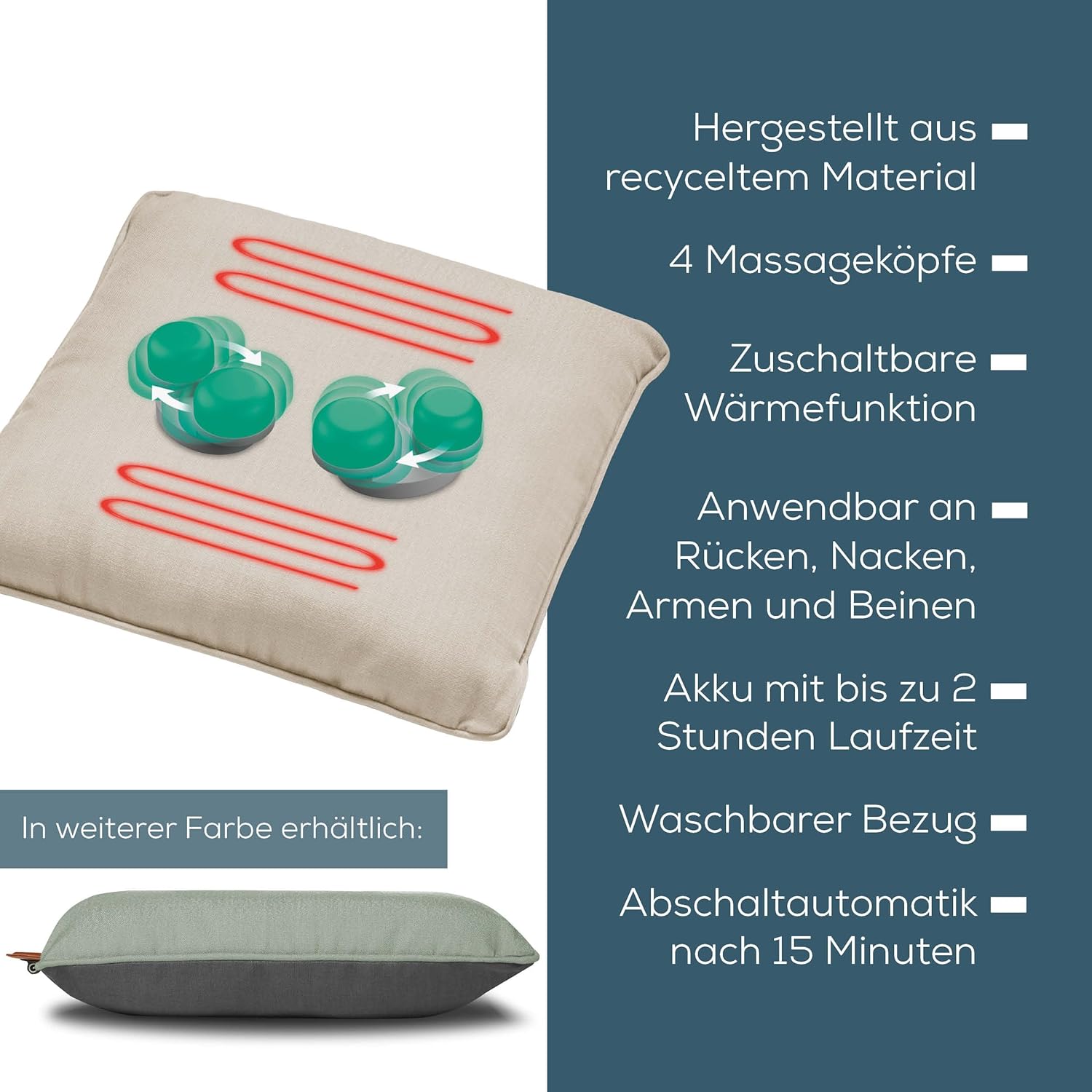 Beurer MG 139 Akku-Massagekissen mit Wärmefunktion, kabelloses Shiatsu-Massagekissen, zuschaltbare Wärme, aus recyceltem Material, maschinenwaschbar, automatische Abschaltung, 40 x 40 cm, beige – Bild 6