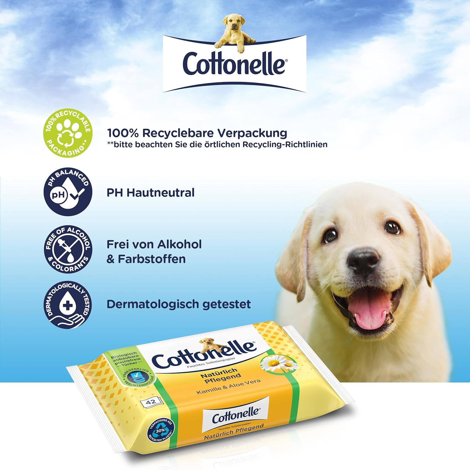 Cottonelle Feuchtes Toilettenpapier, natürlich pflegend – Kamille und Aloe Vera, biologisch abbaubar, plastikfrei, wiederverschließbar, Vorteilspackung, 12 x 42 Feuchttücher – Bild 8