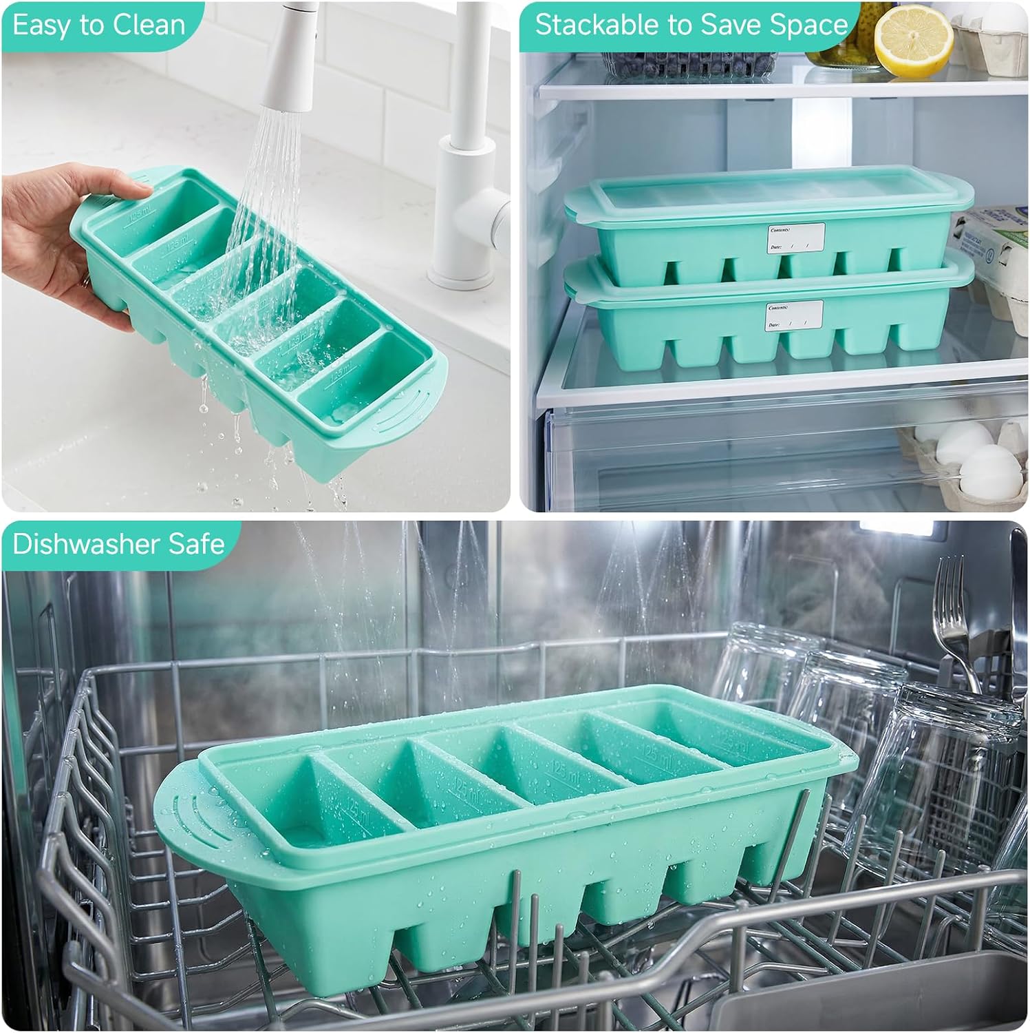 2er-Pack Suppen-Gefrierbehälter, 6 Fächer × 165 ml Suppenwürfel, Silikon-Gefrierbehälter mit Deckel, BPA-frei, Lebensmittel-Suppen-Gefrierschrank, Suppen-Eiswürfelform für Brühe, Soße, Eis (Mintgrün) – Bild 5