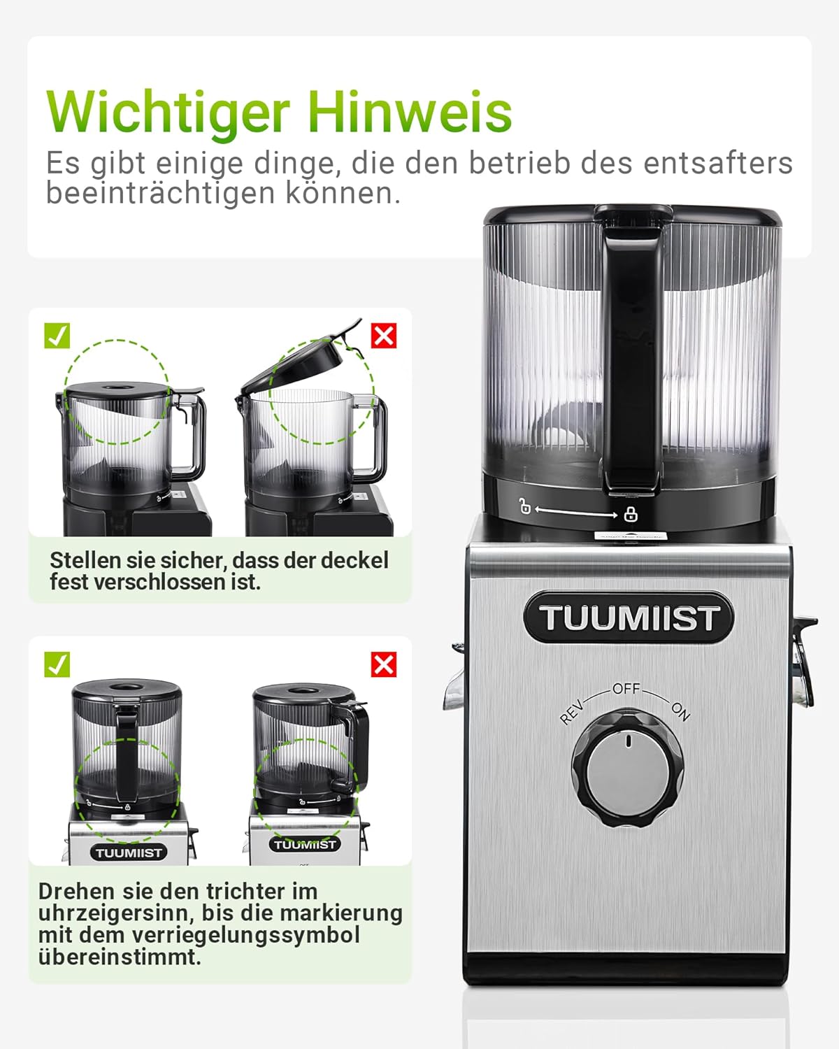 TUUMIIST Slow Juicer mit 150 mm extra großem Einfüllschacht, Entsafter Gemüse und Obst, Testsieger, anwendbarer Entsafter für ganzes Obst und Gemüse, BPA-frei, glänzendes Schwarz – Bild 8