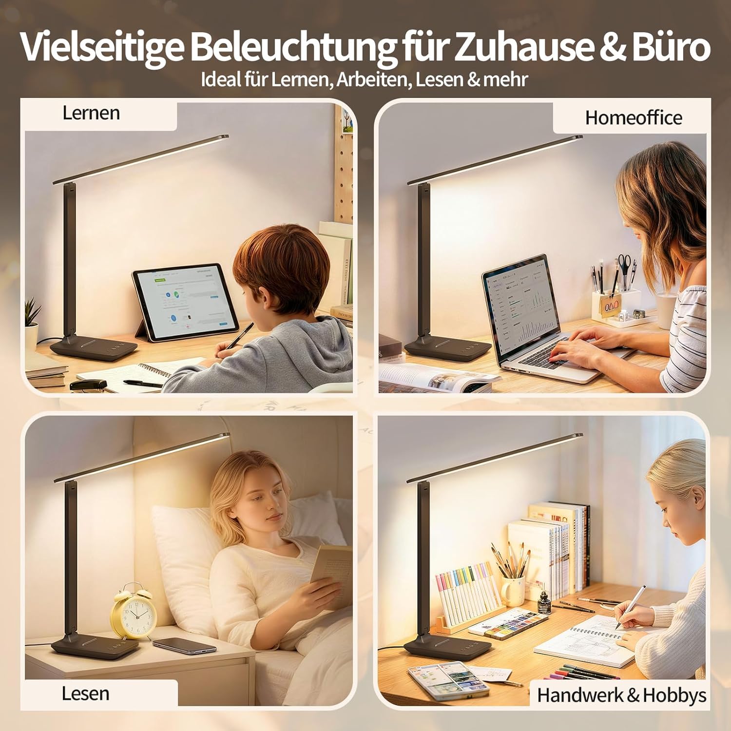 Schreibtischlampe LED dimmbar, Tischlampe mit Augenschutz & USB-Ladeanschluss, 5 Farbtemperaturen & 5 Helligkeitsstufen, Touch-Steuerung, faltbar, für Büro, Lesen und Home Office – Bild 7
