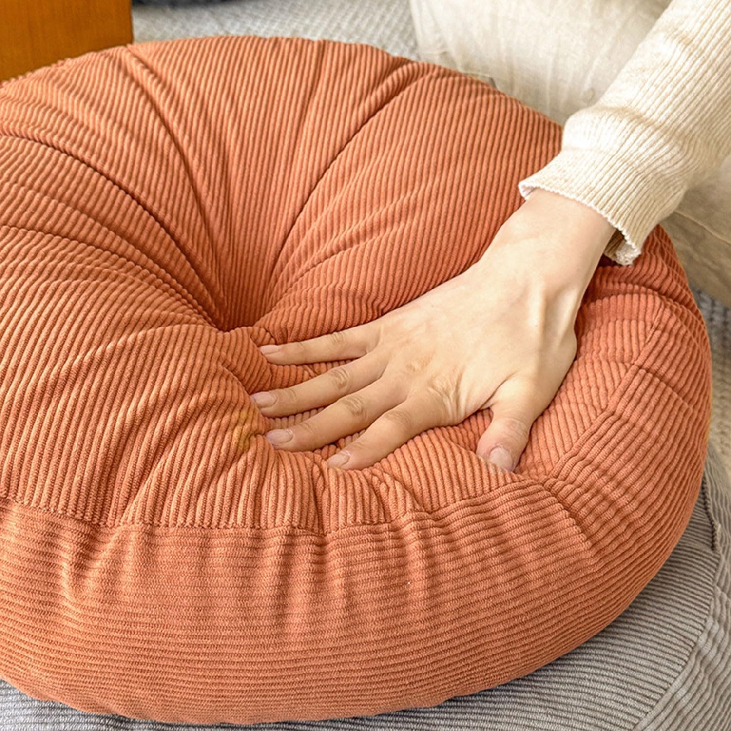 Bodenkissen aus Cord, rundes Bodenkissen, Meditationskissen für Erwachsene, Yogakissen, Sitzkissen, Sitzpouf mit hochwertigem Kordelbezug, Höhe 25 cm (Orange, 40 cm, 1 Stück) – Bild 4