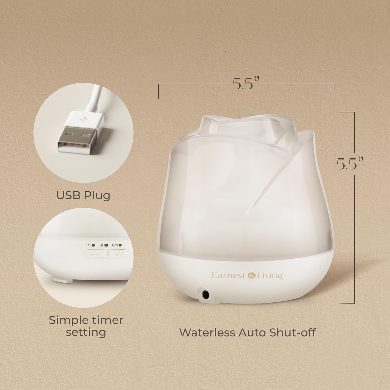 Earnest Living Rose Aromadiffusor 150 ml – Mini-Ultraschall-Duftdiffusor für ätherische Öle, leiser USB-Luftbefeuchter mit 7 LED-Farben, automatische Abschaltung und BPA-frei – für Schlaf und Entspannung – mattweiß – Bild 2