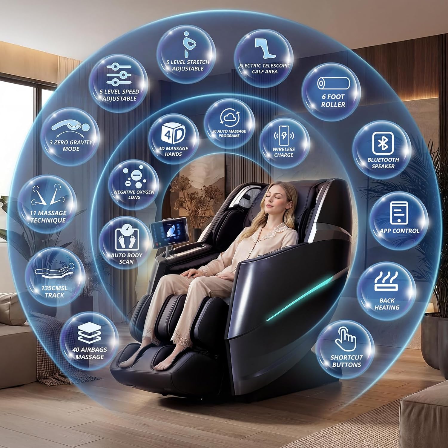 HealthRelife New Edition 2026 Business Class Massagestuhl, Ganzkörpermassage mit Body Scan, Shiatsu Automatische Wadenstützverlängerung und Wadenknetmassage (Schwarz/Grau) – Bild 3
