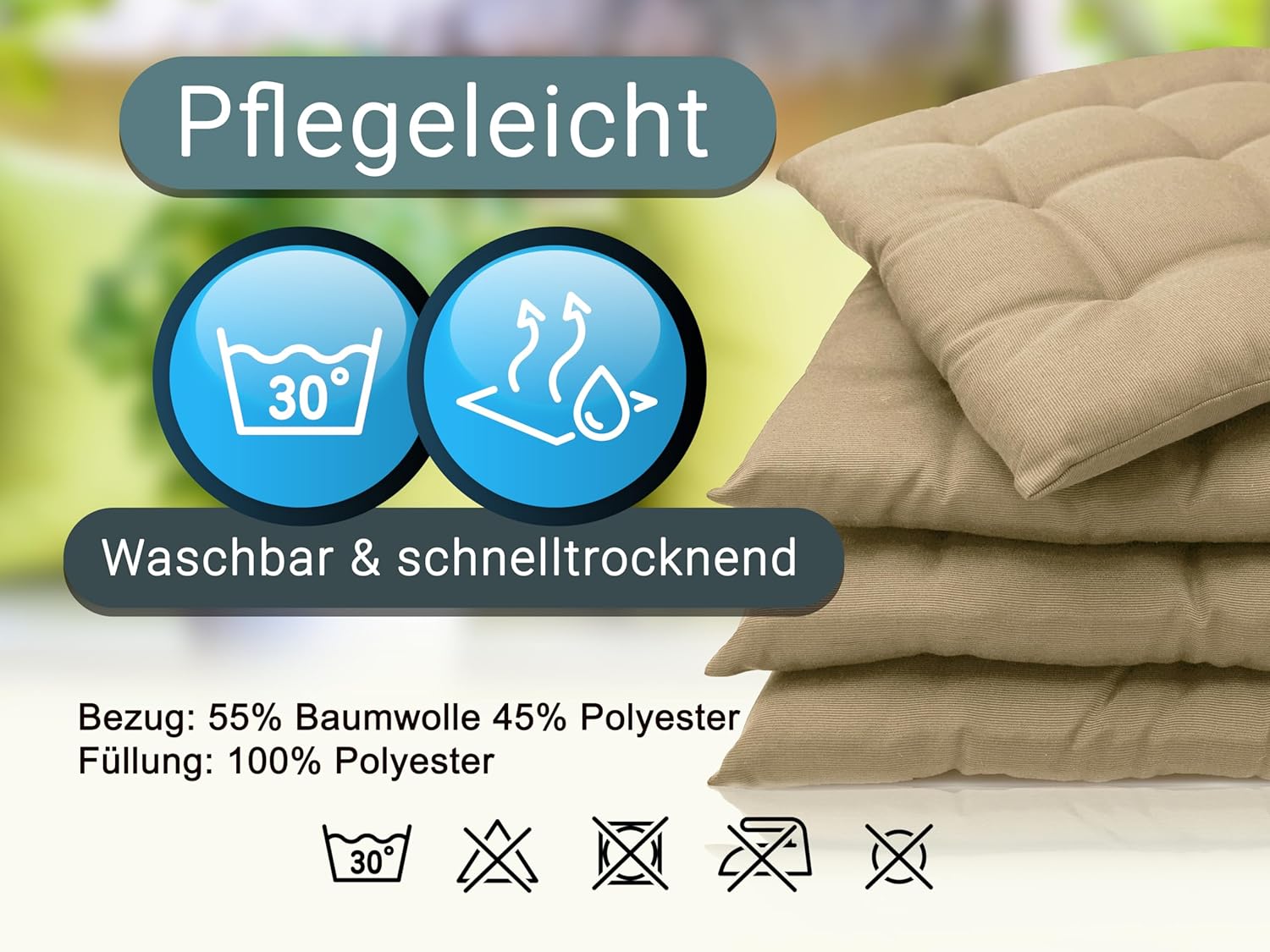 Zollner 4er Set Stuhlkissen mit Bändern 40 x 40 cm Sand – Bild 6