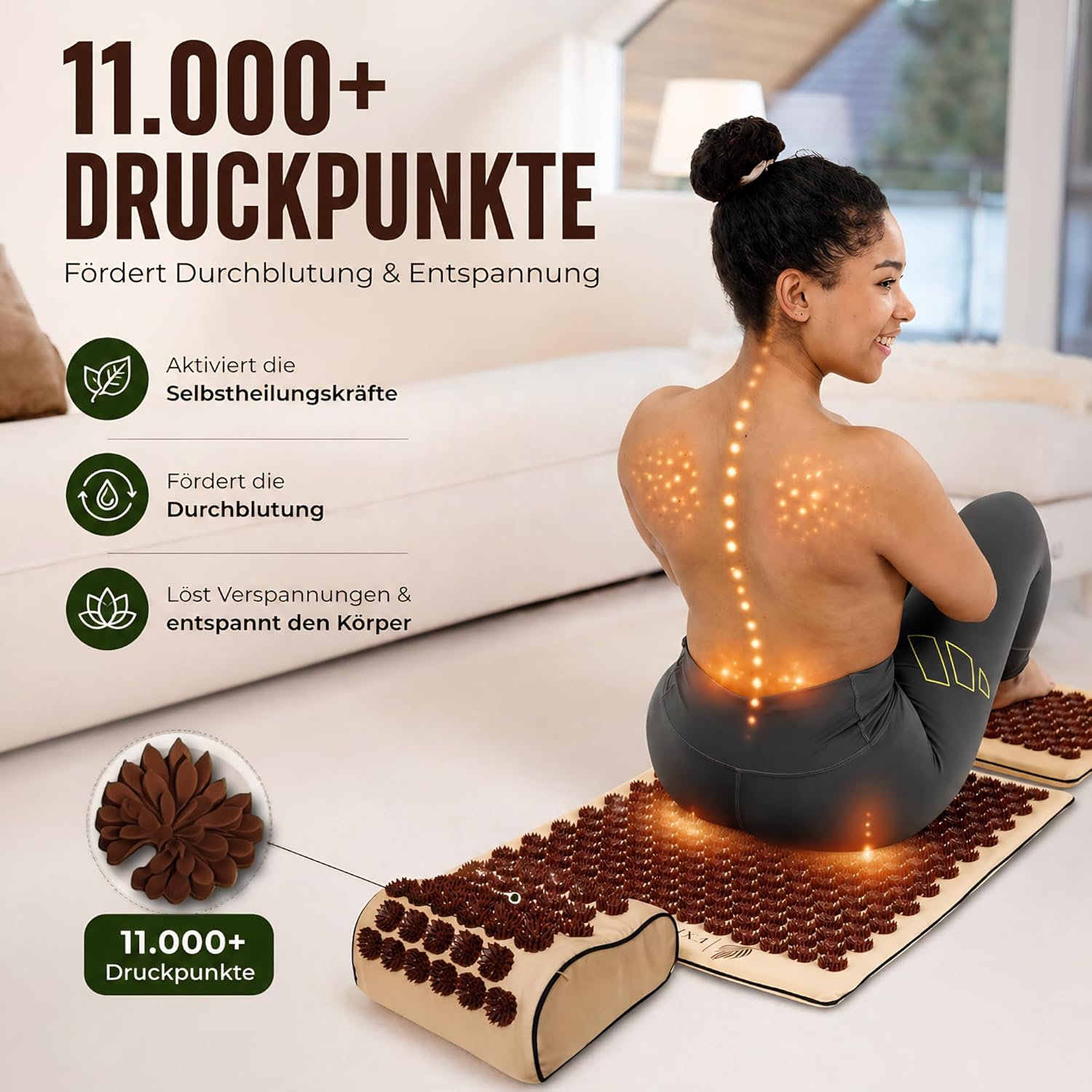 Akupressurmatte 6-in-1 Premium Set - Sandstone Edition | Rücken- und Nackenmassage gegen Stress und Verspannungen | Mit Kissen, zusätzlicher Matte, Massageball und Tasche – spüren Sie den Unterschied! – Bild 5