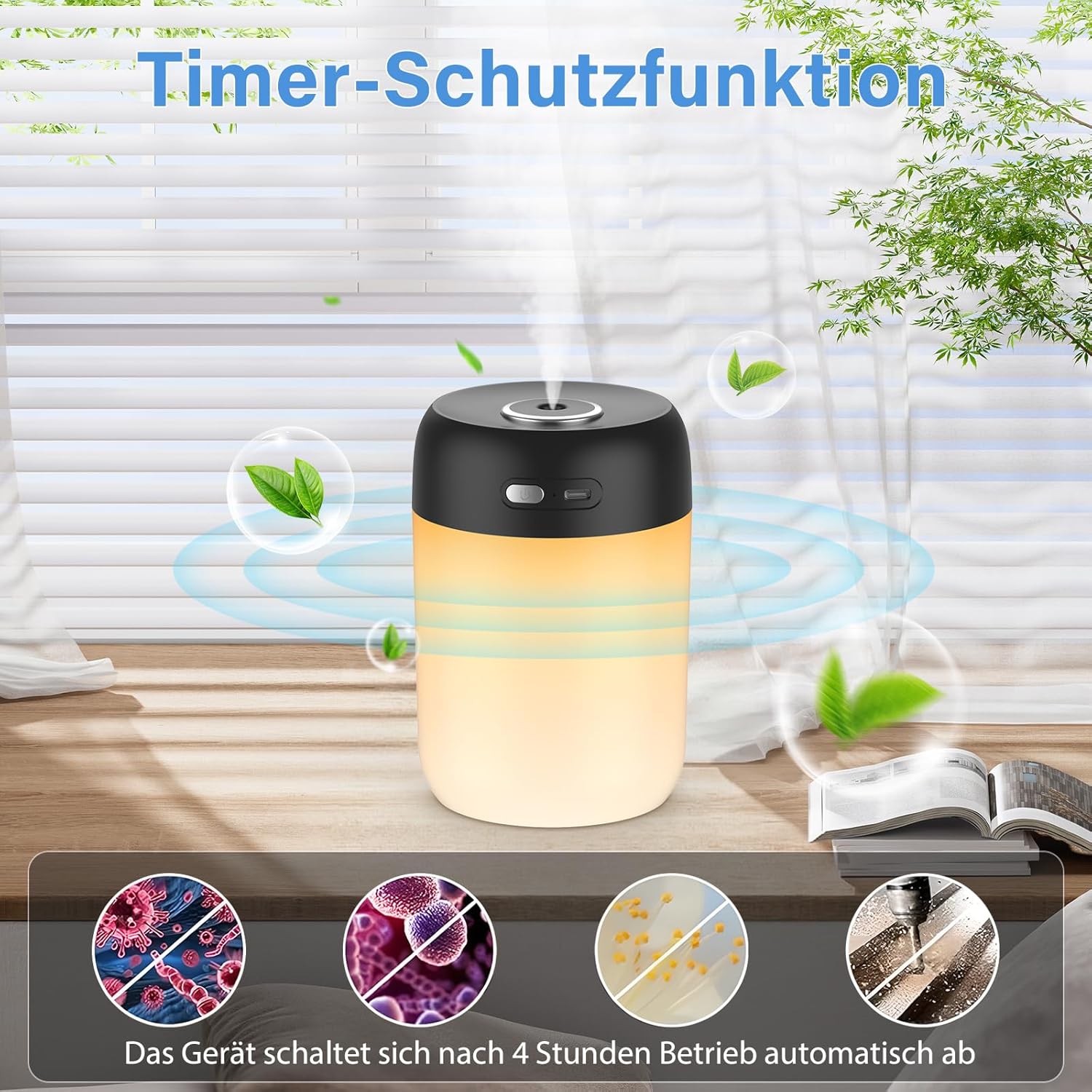 SZO Mini-Raumbefeuchter Schlafzimmer mit Nachtlicht, Luftbefeuchter, Füllung von oben, 2 Sprühmodi, leise, automatische Abschaltung, für Desktop, Babyzimmer, Büro, Pflanzen, Schwarz – Bild 7
