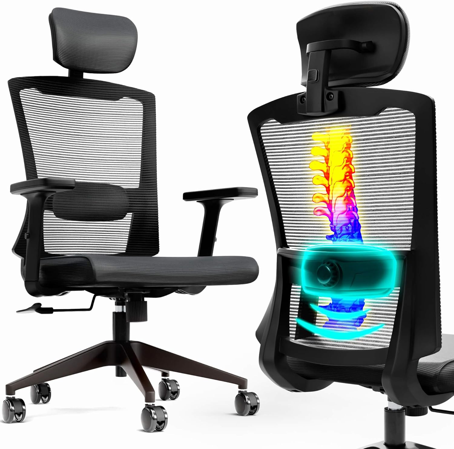 Arebos Ergonomischer Bürostuhl, Schreibtischstuhl mit verstellbarer Kopfstütze, Armlehnen, Lordosenstütze, Drehstuhl, Wippfunktion, Netz-Chefsessel, rückenschonend, Bürostuhl 136 kg