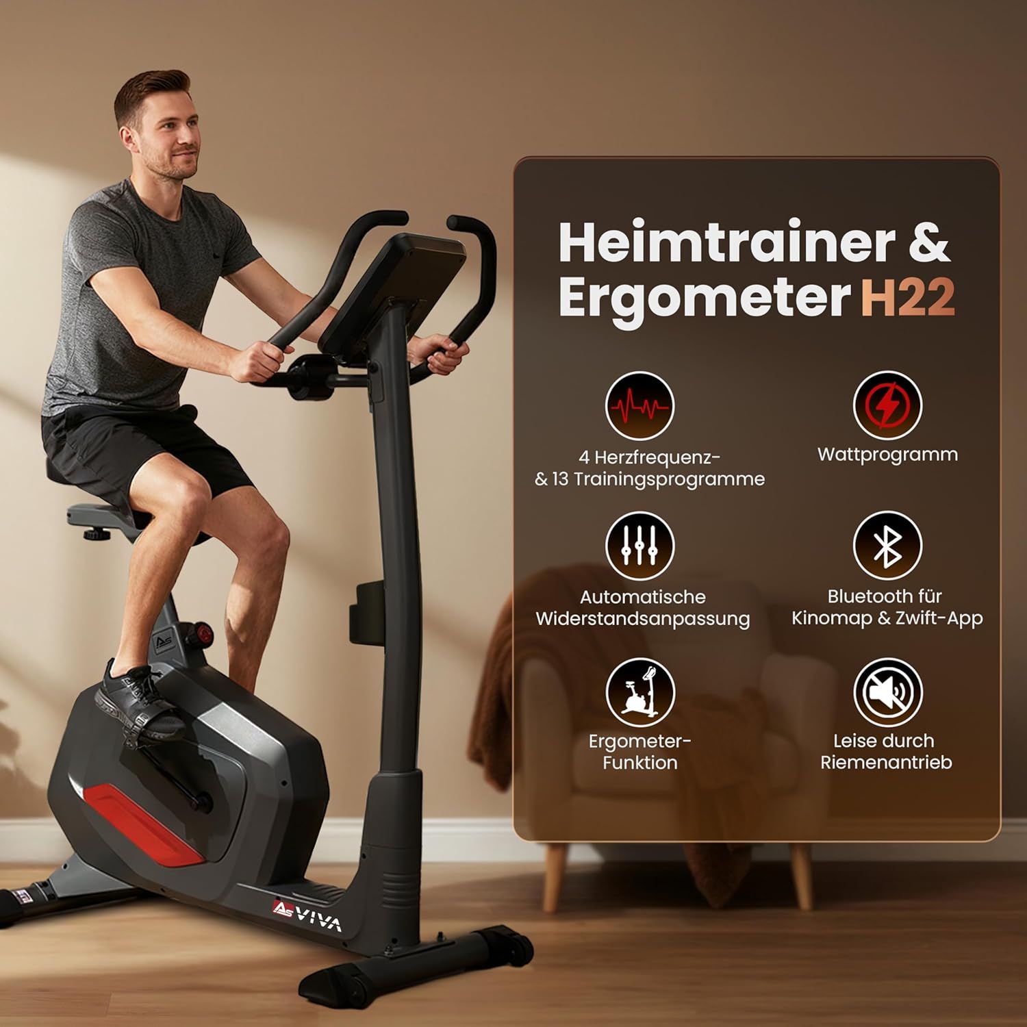 AsVIVA H22 Heimtrainer-Ergometer – Indoor-Bike mit 12 kg Schwungmasse, Bluetooth & App-Steuerung, Pulsmessung, leiser Riemenantrieb, Fitnessgerät für Cardio- & Ausdauertraining zu Hause – Bild 3