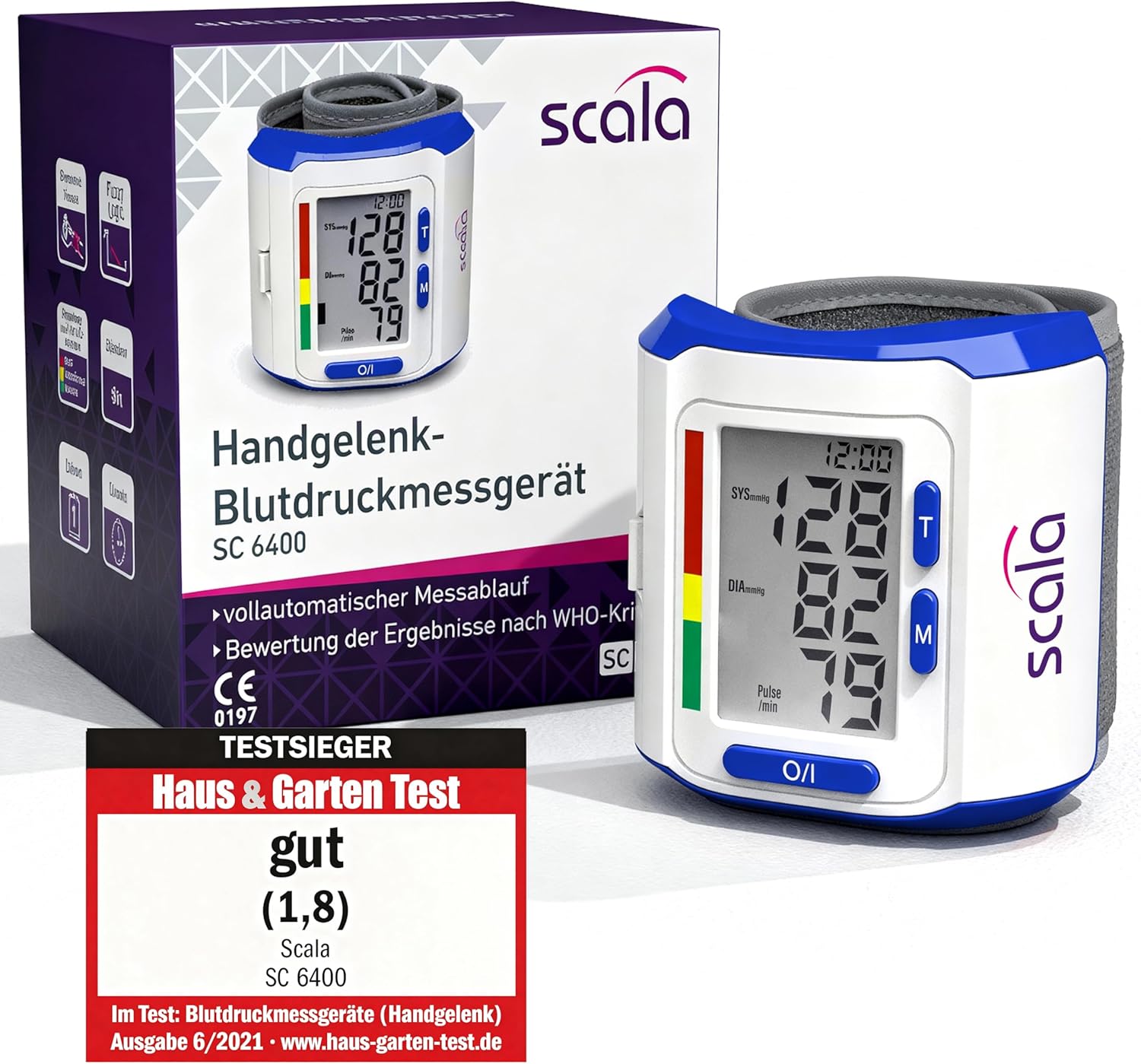 scala SC 6400 Blue Handgelenk-Blutdruckmessgerät – Präzises Blutdruckmessgerät mit WHO-Anzeige und 85 Speicherplätzen – Fuzzy-Logic-Technologie – inklusive Box und Batterien – Manschette 13,5–19,5 cm – Bild 8