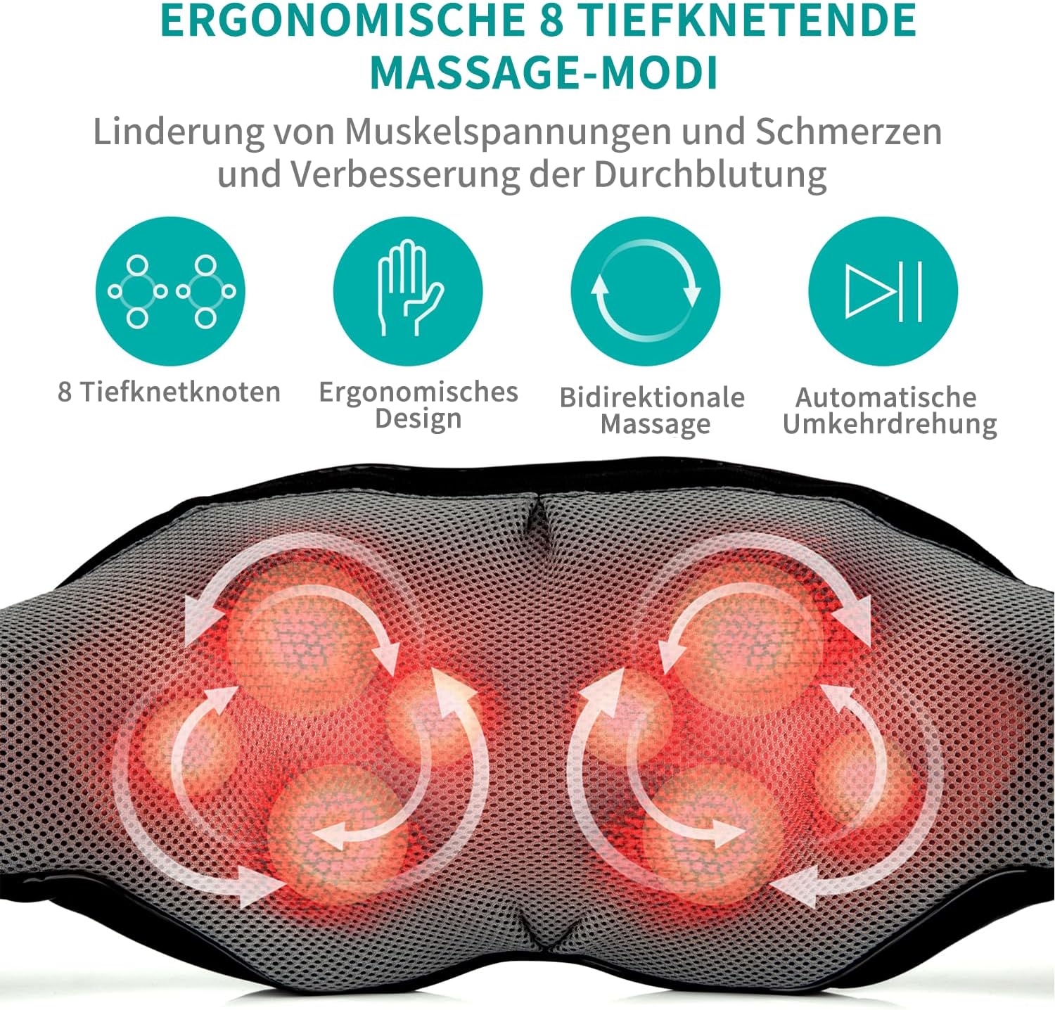 Nekt Eck-Shiatsu-Tiefknet-Massagekissen mit Wärme, Auto-Bürostuhl, Nacken-, Schulter-, Rücken-, Taillenmassagekissen (Geschwindigkeitskontrolle, bidirektionale Steuerung) – Schwarz – Bild 2