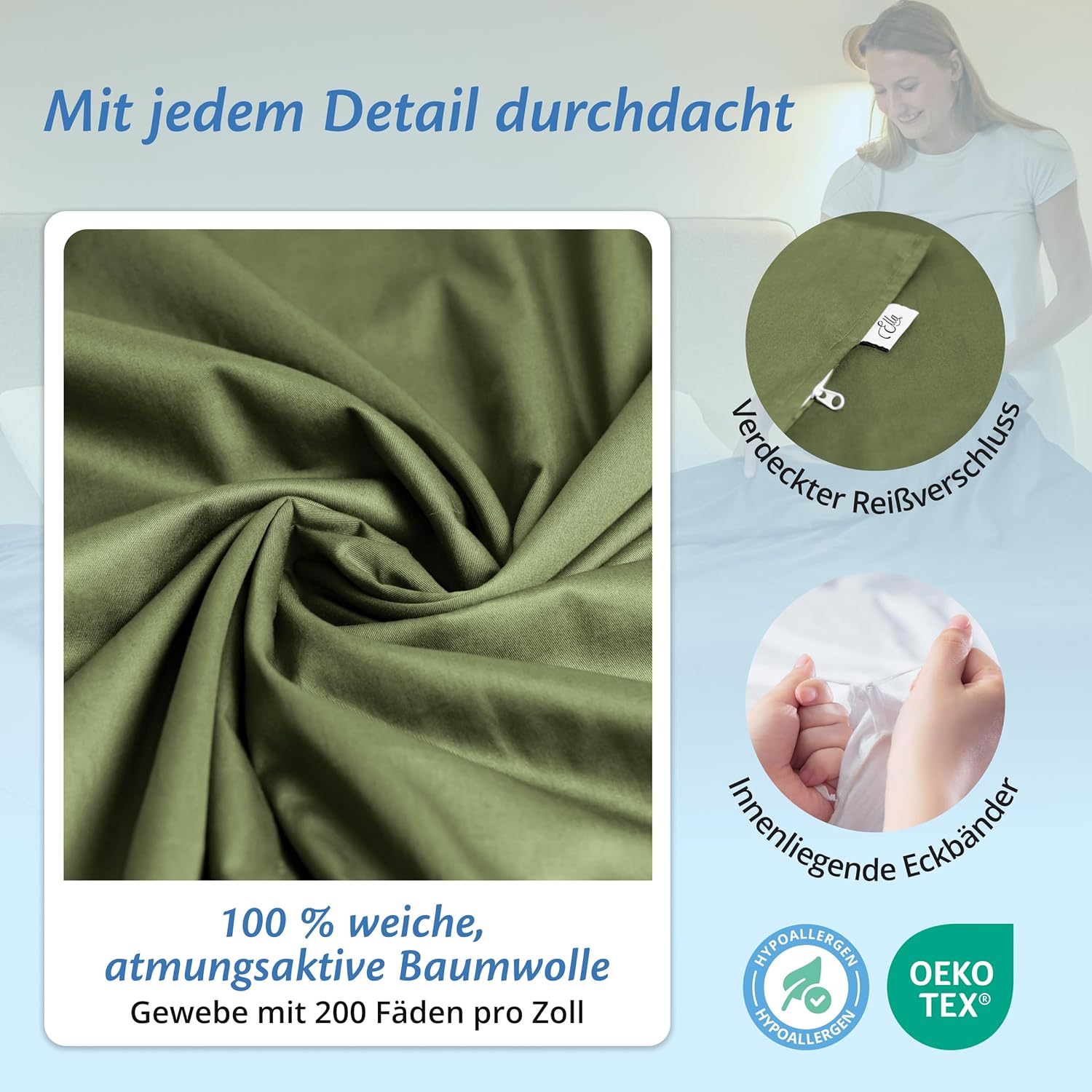 Ella Bettbezug 135 x 200 cm für Gewichtsdecke – aus 100 % Baumwolle – geeignet für 7 kg und 9 kg Gewichtsdecken – Olivgrün – Bild 3