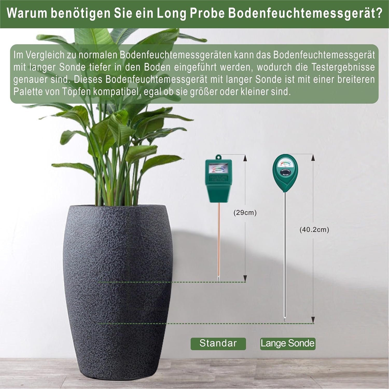 Lange Sonde für den tiefen Einsatz, Bodenfeuchtemessgerät, Bodenfeuchtemessgerät, Hygrometer für Garten und Landwirtschaft, Bodentester, keine Batterien erforderlich – Bild 2