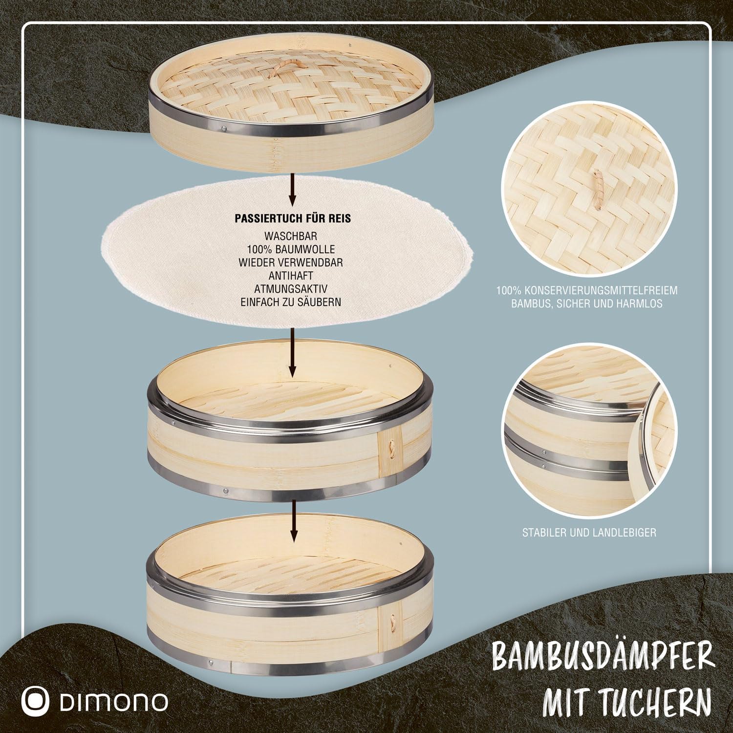 Dimono Bambusdampfgarer mit Edelstahl, 2 Etagen Bambusdampfgarer mit Deckel, Dampfgaraufsatz und Dampfgarkorb für Sim Sum Knödel, Gemüse, Reis, Fleisch und Fisch (Durchmesser 20 cm) – Bild 3