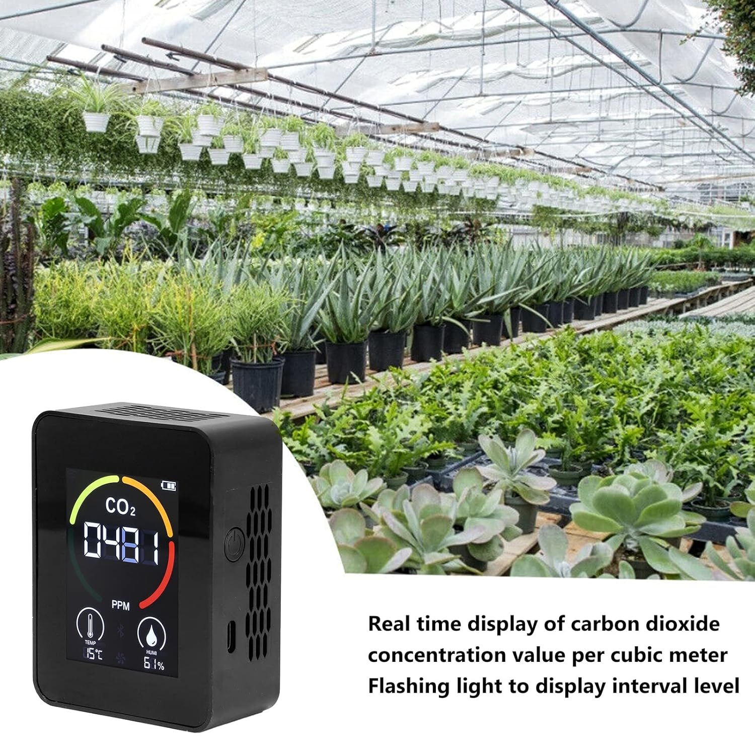 CO2-Detektor, 400~5000 PPM CO2-Sensormessgerät mit automatischer Kalibrierung, Temperatur-Feuchtigkeitssensor mit Digitalanzeige (schwarz) – Bild 5