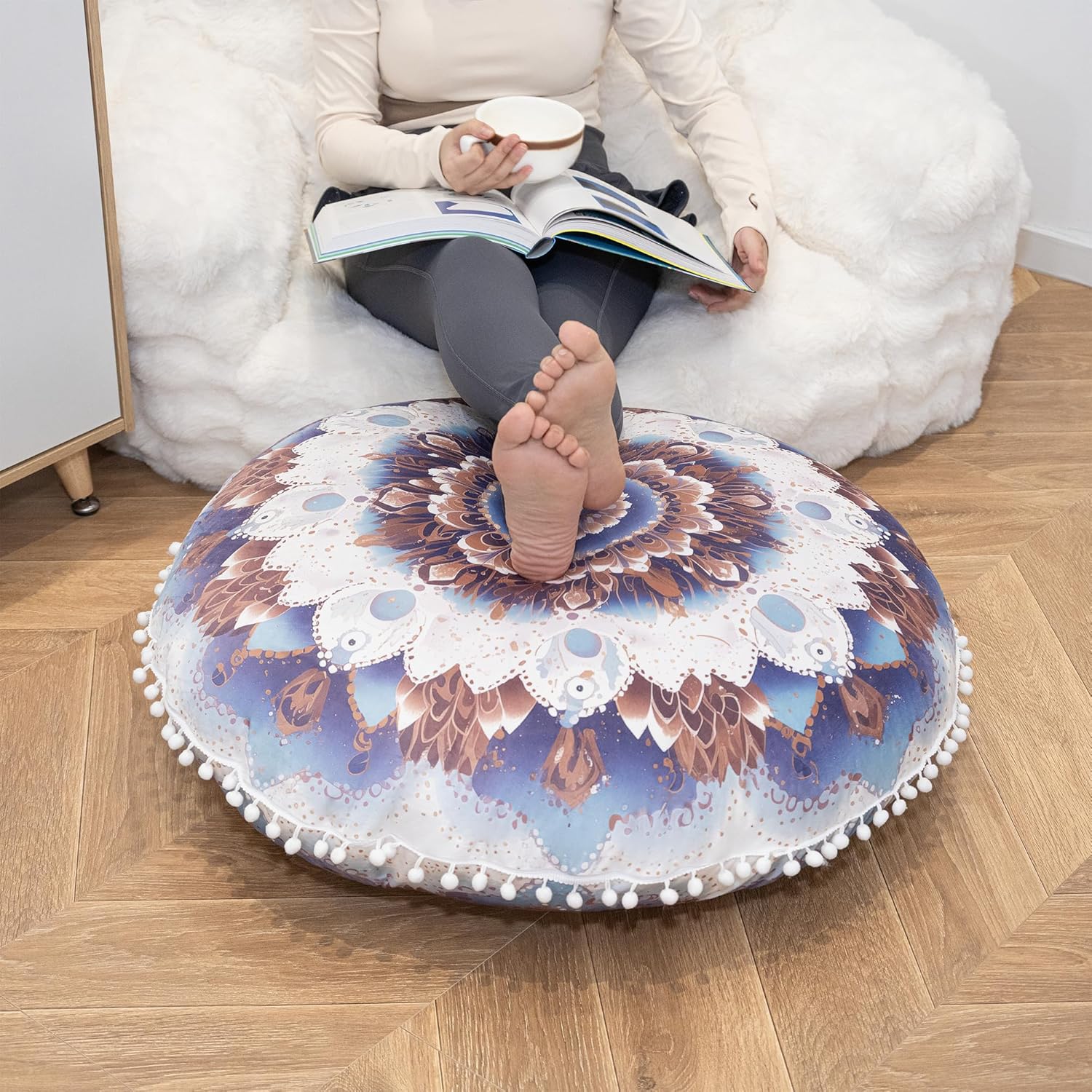 Meditations-Bodenkissen, rundes Sitzkissen mit waschbarem und abnehmbarem Bezug, 80 cm großes ergonomisches Yoga-Kissen mit Pompon-Dekoration, für drinnen und draußen, hellblau – Bild 8