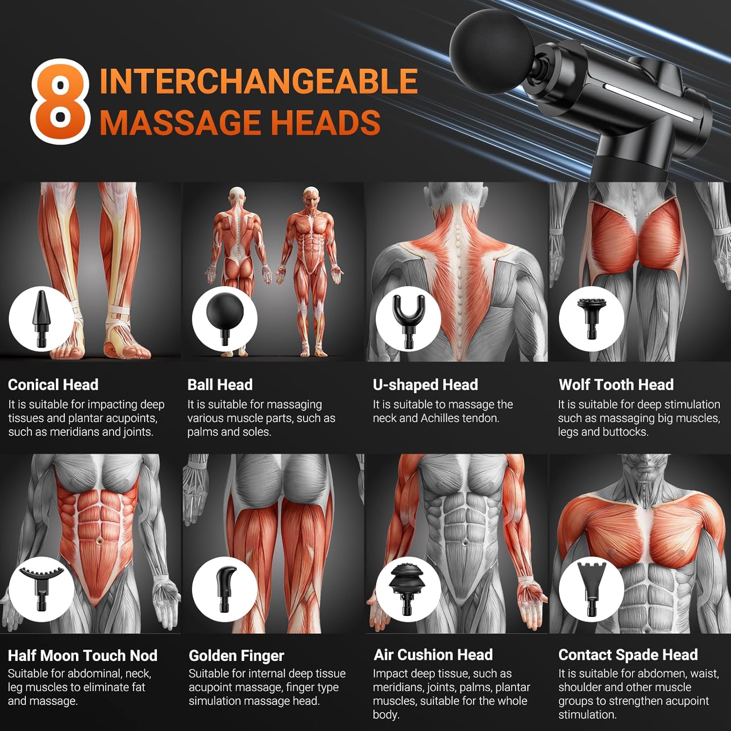 Massagepistole, Tiefengewebsmassagegerät mit 32 Geschwindigkeiten, verstellbares Handmassagegerät, 8 Aufsätze, Massagepistole für Schulter, Körper, Rücken, Entspannung – Bild 3