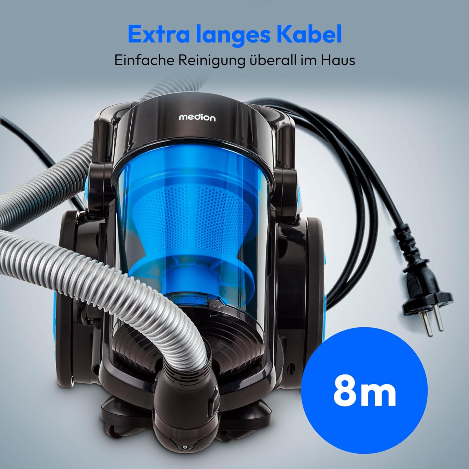 MEDION Beutelloser Zyklonstaubsauger P4000 (900 Watt Leistung, 4,3 Liter Staubbehälterkapazität, waschbarer HEPA 13-Filter, 11 m Arbeitsradius, MD 11906) Blau – Bild 4