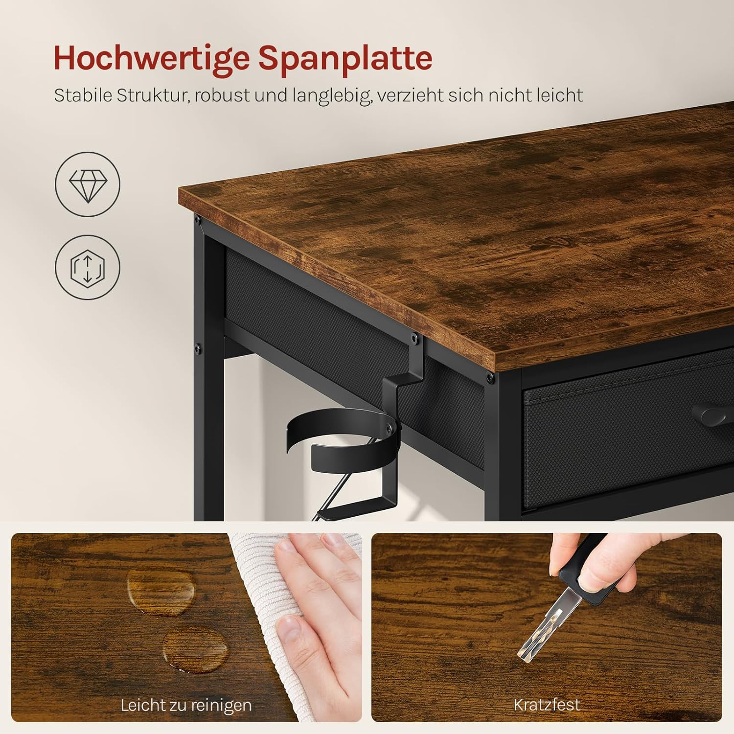 WOLTU Schreibtisch mit 2 Schubladen, 2 Steckdosen, USB- und Typ-C-Anschluss, Kopfhörerhaken und Ablagen – Computertisch für Büro und Wohnzimmer, 120 x 51 x 75 cm, Rustikales Braun – Bild 8