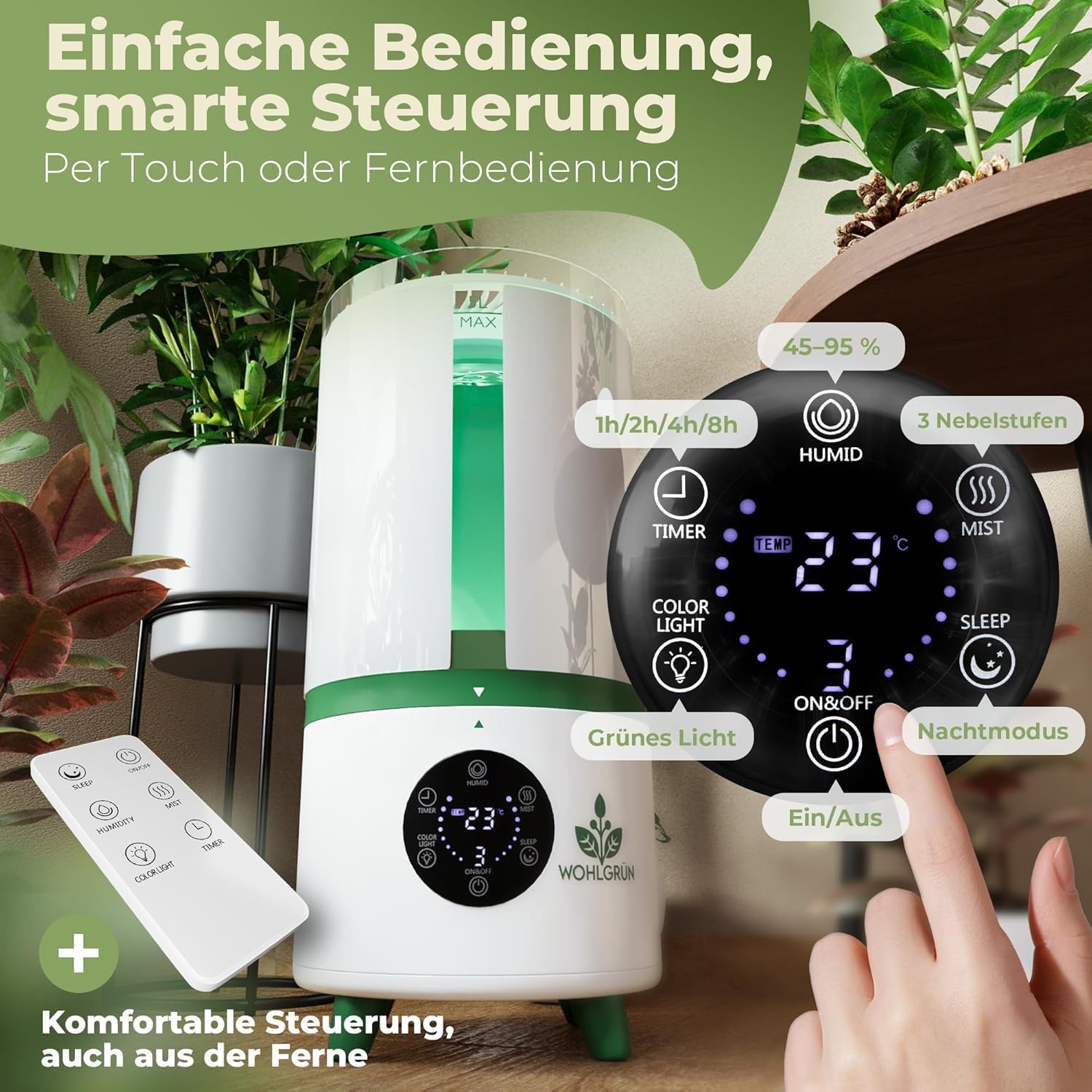 WOHLGRÜN TAU360 Luftbefeuchter 5L – Ultraschall-Luftbefeuchter für Pflanzen & Schlafzimmer, leiser Raumbefeuchter, Hygrometer-Sensor, Wachstumszelt, bis zu 30 m² – Bild 5