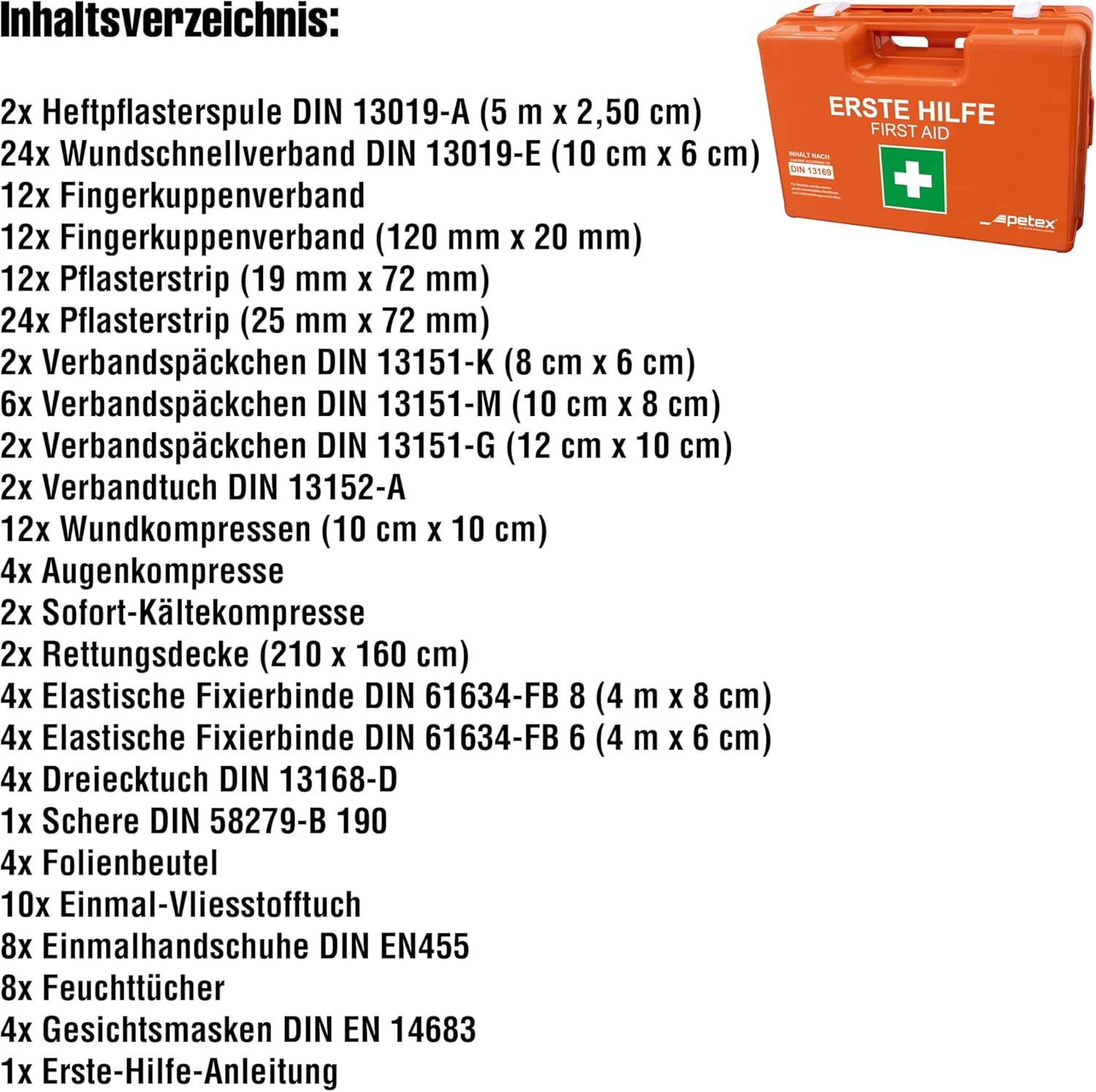 PETEX Profi-Erste-Hilfe-Set mit Inhalt nach DIN 13169, inkl. praktischer Wandhalterung, 5 x Aufkleber, Erste-Hilfe-Koffer, orangefarbenes Erste-Hilfe-Set für Gewerbe, Büro, Baustelle – Bild 3
