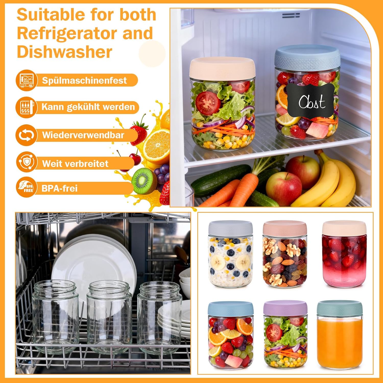 6 x Overnight Oats Gläser, 500 ml Meal Prep Gläser, Einmachgläser mit Schraubdeckel, Gläser mit Deckel sind geeignet für Joghurt, Salat, Marmelade, Müsli und – Bild 4