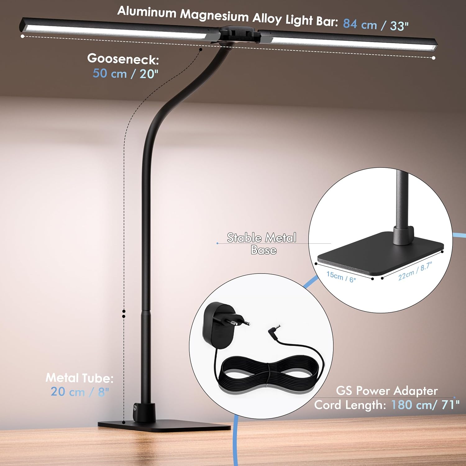 EYOCEAN Schreibtischlampe, Doppelkopf-Schreibtischlampe, 24 W 80 cm Tageslichtlampe Schreibtisch mit Fernbedienung, dimmbare Monitorlampe, Bürotischlampe, Augenschutz-Bildschirmlampe – Bild 7
