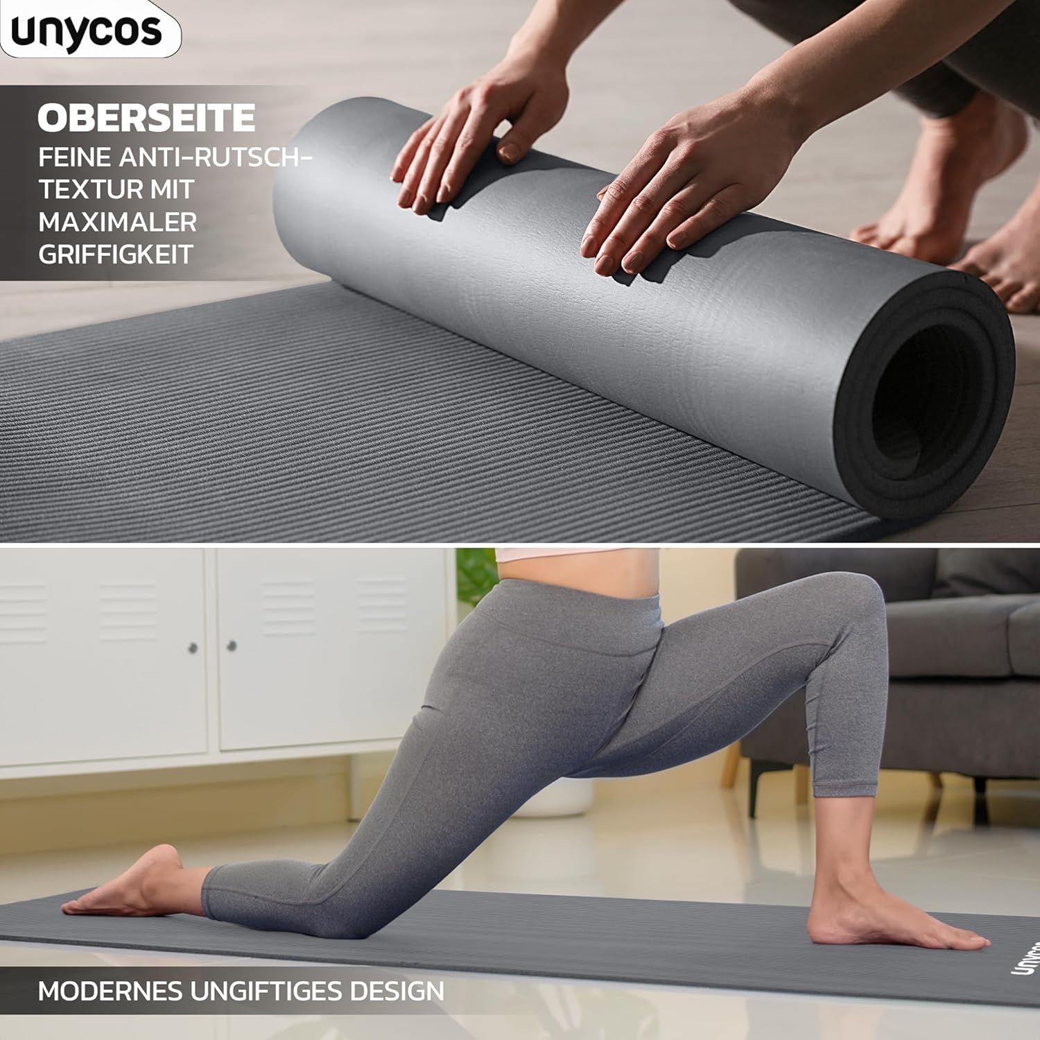 unycos - Yogamatte rutschfest | Hohe Dichte 6/10/15 mm, Gymnastikmatte mit Tragegurt und Schultergurt. 【Inklusive E-Book】 Hautfreundliche Fitnessmatte für Pilates, Trainingsmatte, Fitnessstudio – Bild 6
