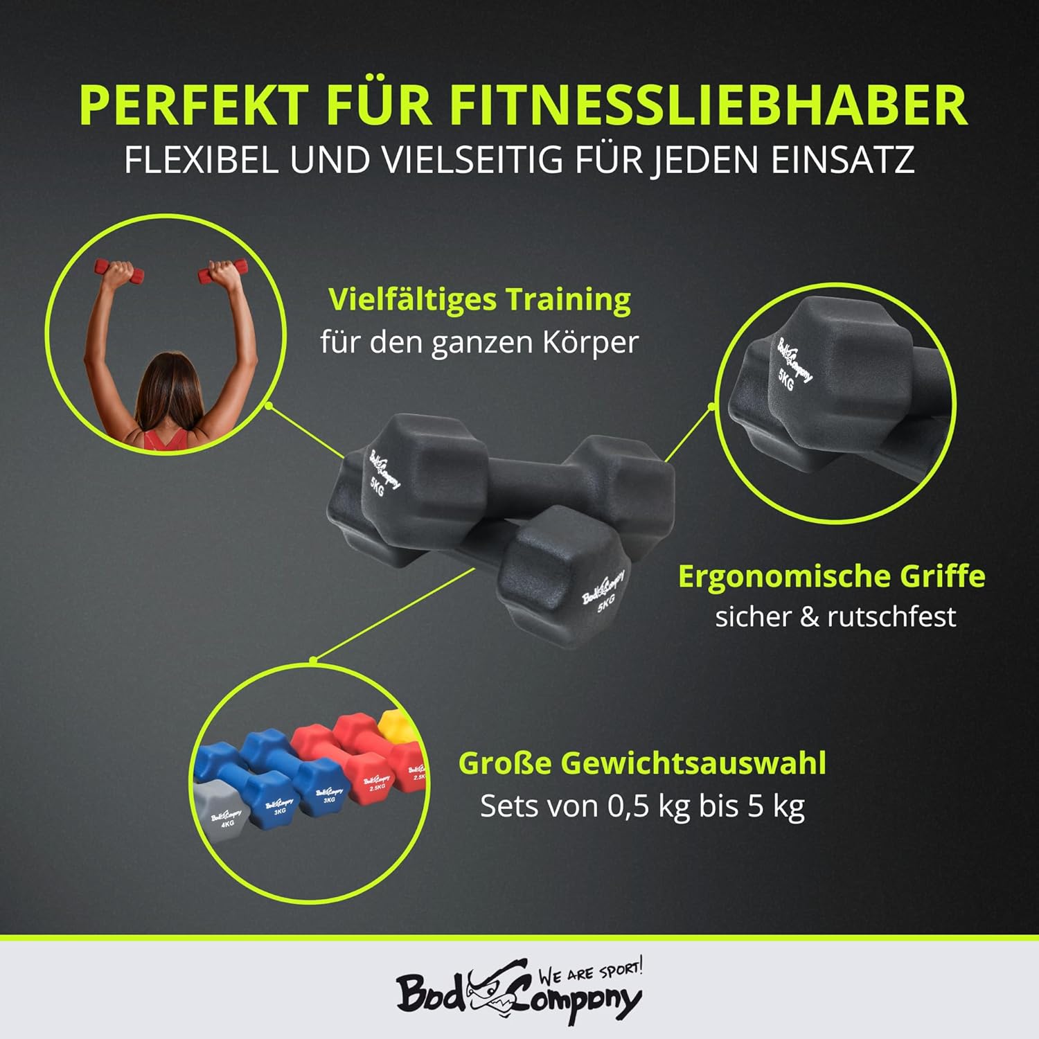 Bad Company Neopren-Hanteln 0,5 kg bis 5 kg farbig I kleine Hantel gummiert für Fitness Gymnastik Aerobic Home Gym Hanteln für Damen Herren I Hanteln – Bild 2