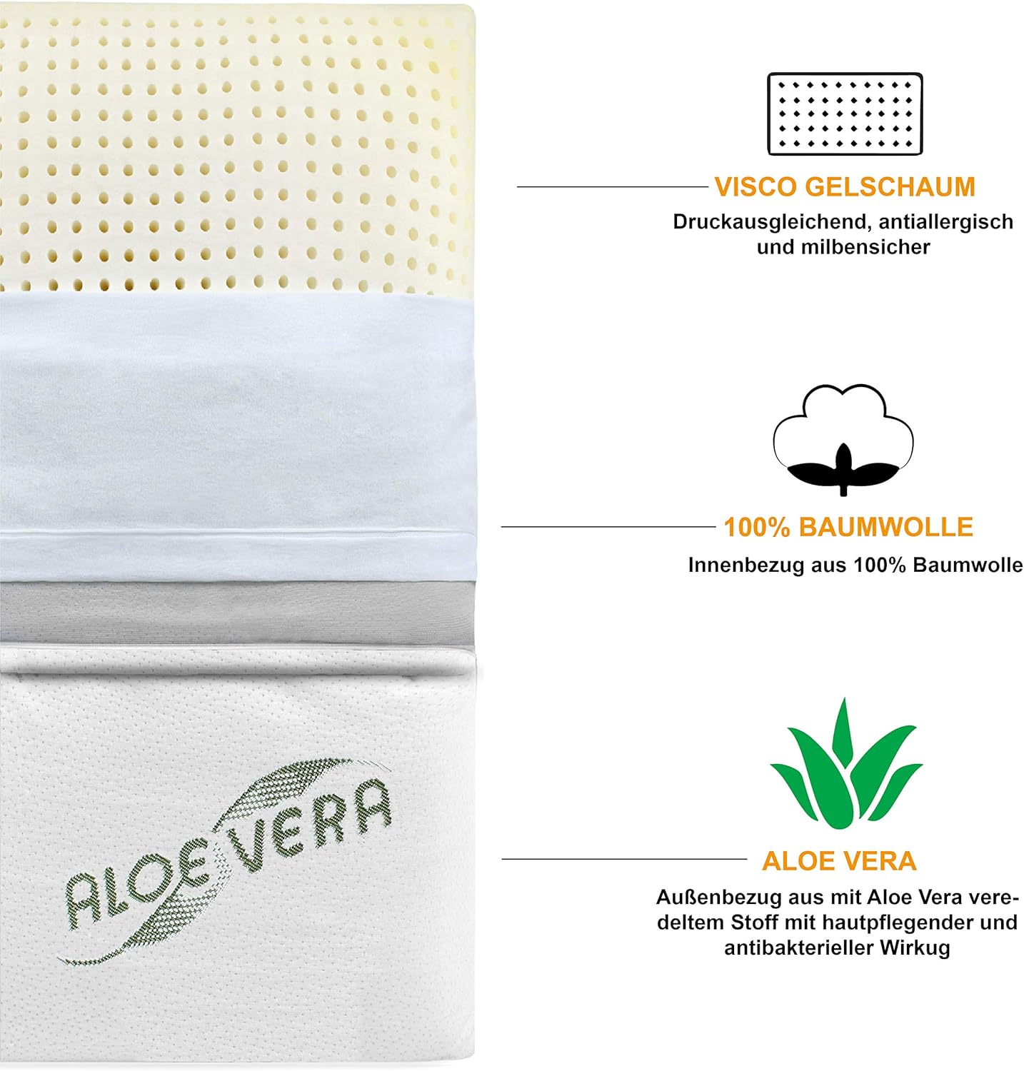 Siebenschläfer Orthopädisches Nackenstützkissen mit druckausgleichendem Visco-Gel-Memory-Schaum mit Aloe-Vera-Bezug, 70 x 42 cm, Höhe 15 cm – Bild 2