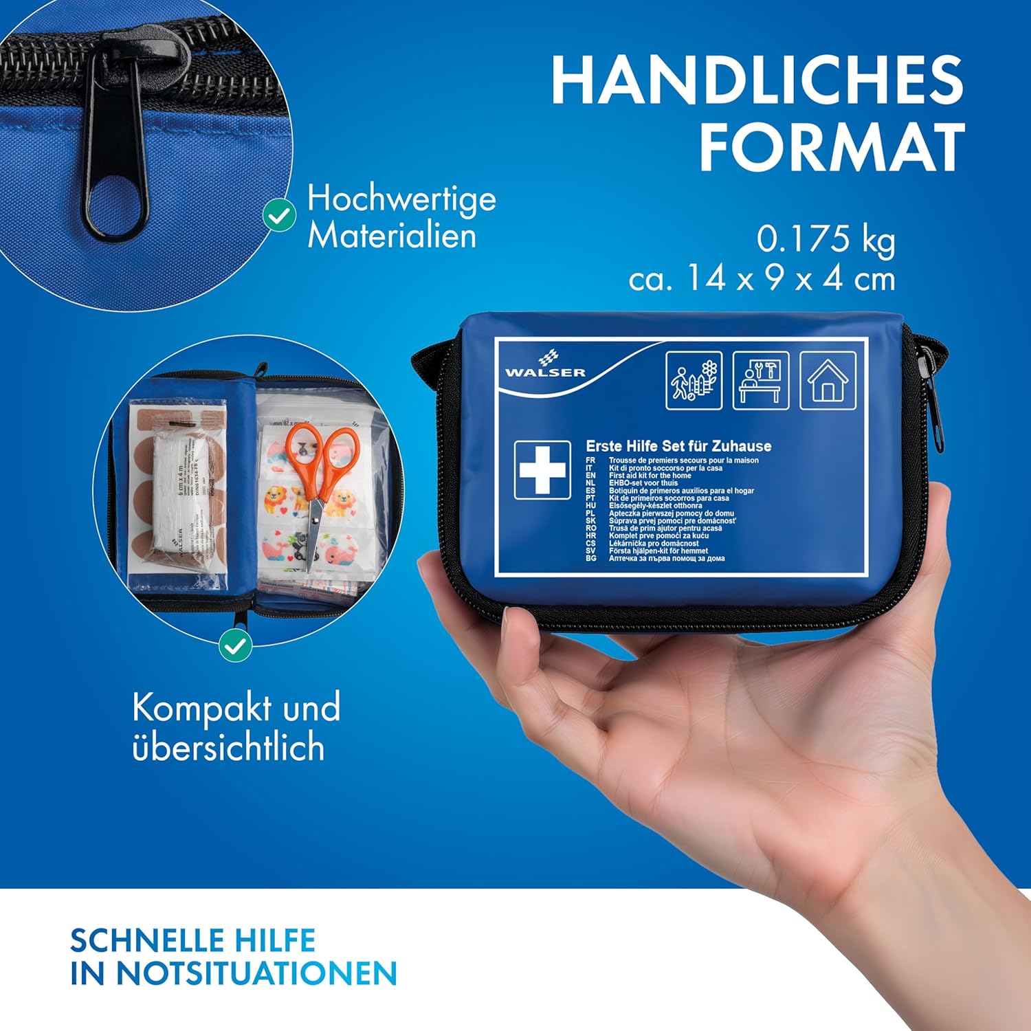 WALSER Premium Mini Erste-Hilfe-Set für zu Hause, wasserdichte Erste-Hilfe-Tasche 2026, handliches Notfallset mit 107 Teilen, kompaktes Erste-Hilfe-Set, Reiseapotheken-Set, Mini-Erste-Hilfe-Set, blau – Bild 3