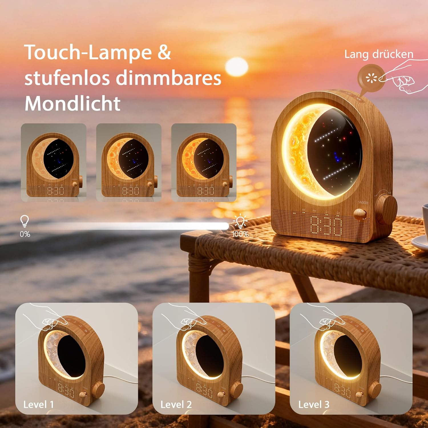 blonbar Wecker & Mondlampe, Nachttischlampe mit Lichtwecker, Tageslichtwecker, Nachtlicht mit 3 Helligkeitsstufen, 10 Naturgeräuschen, ideal für Schlafzimmer – Bild 6