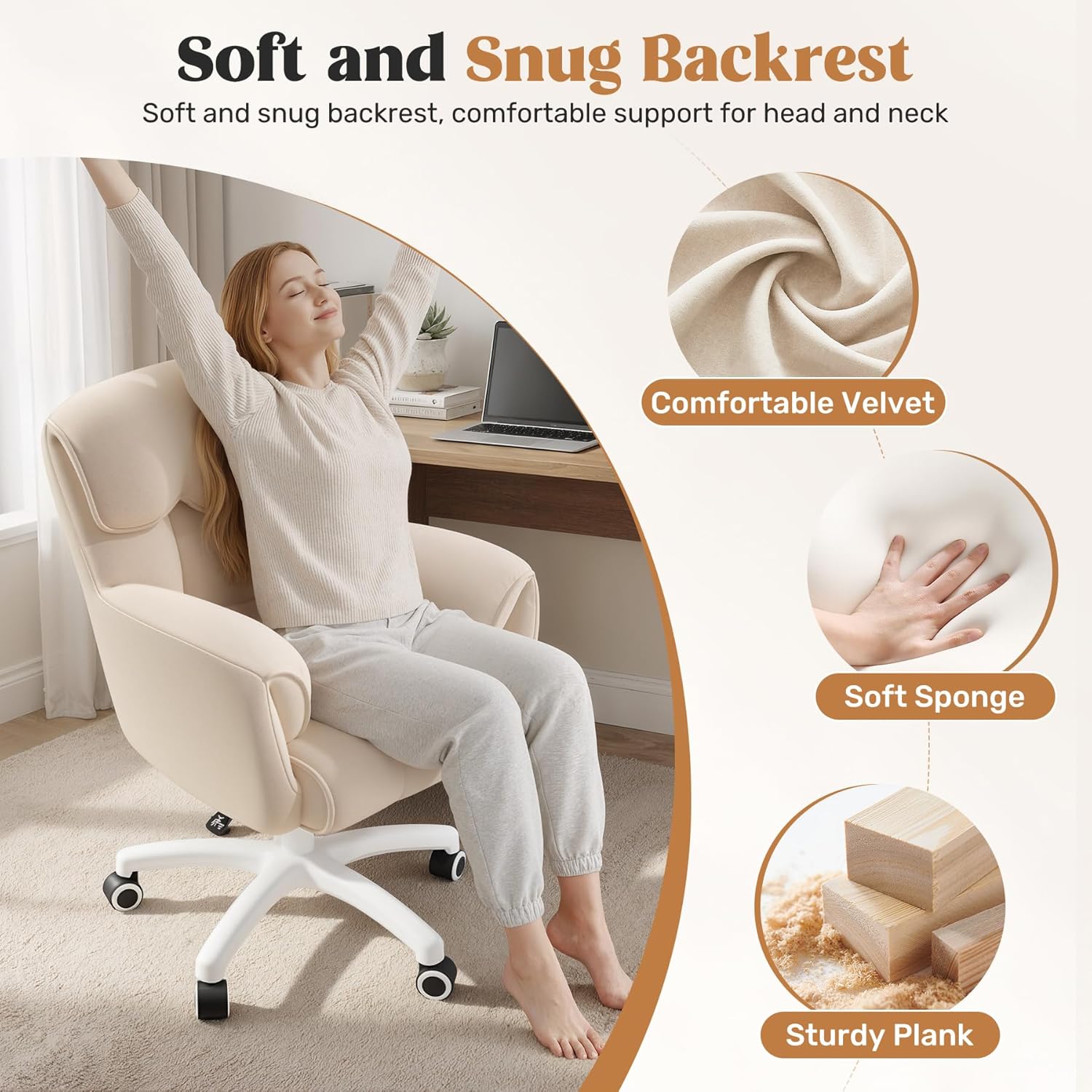 Ergonomischer Bürostuhl, höhenverstellbarer Schreibtischstuhl mit Armlehnen, 360° drehbar, Samtbezug, für Home Office und Büro, belastbar bis 150 kg, Beige – Bild 4