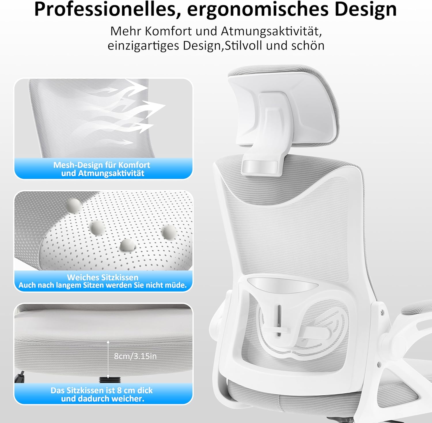 Fizzin Ergonomischer Bürostuhl, grauer Schreibtischstuhl mit verstellbarer Lendenwirbelstütze und Kopfstütze, atmungsaktives Netzgewebe für Heimbüro und professionelle Arbeitsplätze – Bild 5